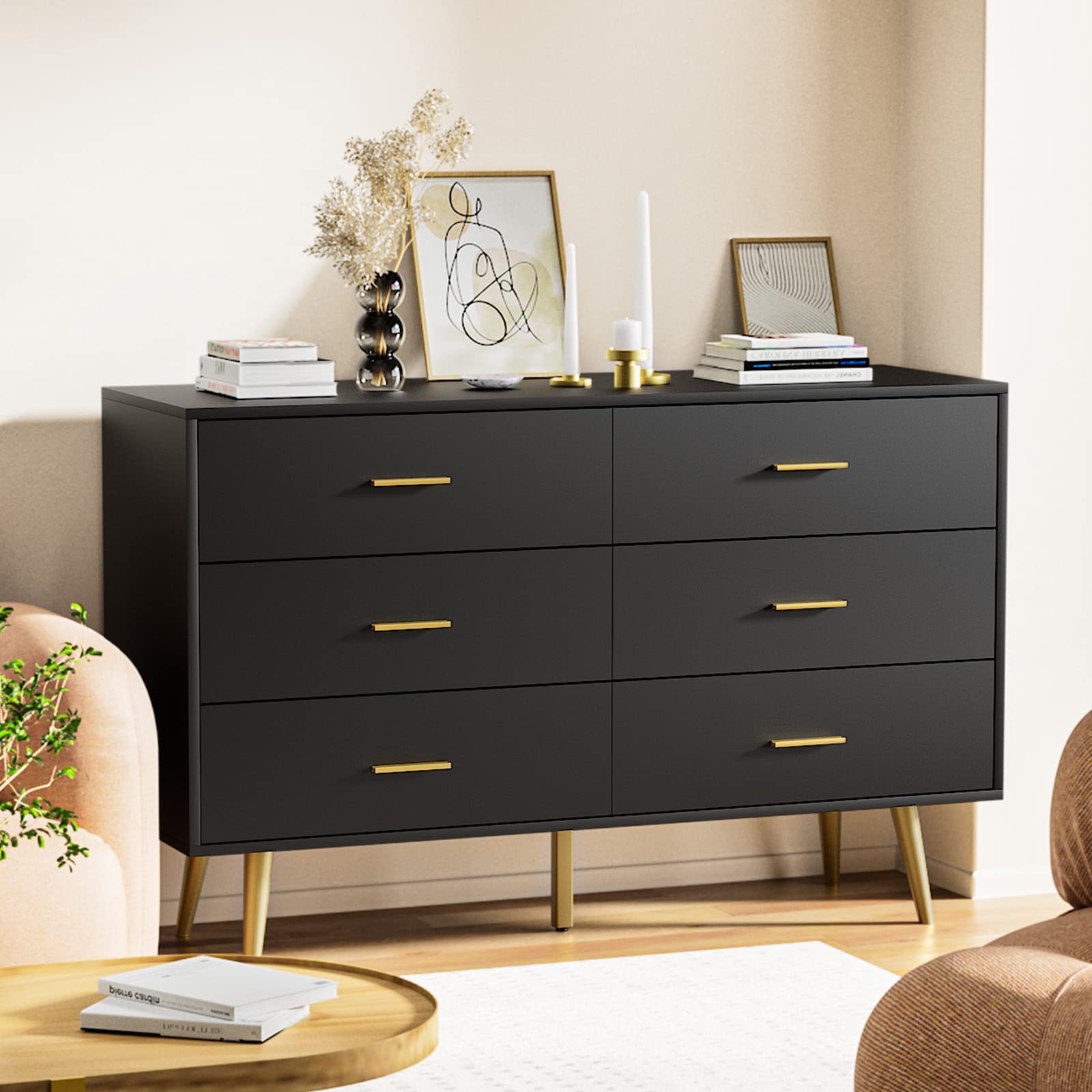 Modern 6-Drawer Dresser with Metal Handles - White & Gold or Black Bedroom Dresser for Closet, Hallway Storage | Perfect for Organizing Clothes, Accessories & Home Decor