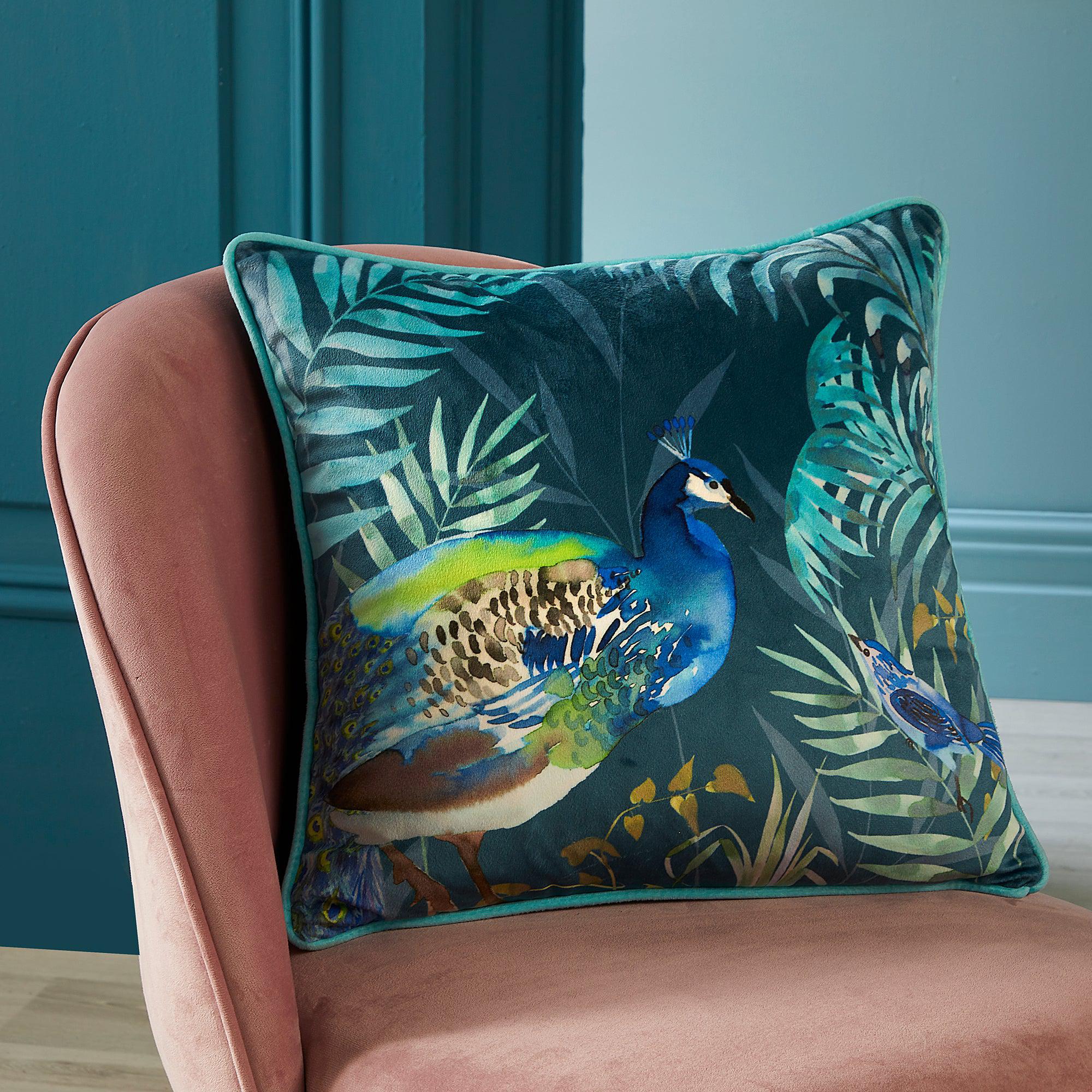 Soiree Peacock Jungle Cushion Cover - Teal Blue Bohemian Throw Pillow Case for Living Room, Bedroom Decor - Perfect for Home, Sofa, Chair & Outdoor Use