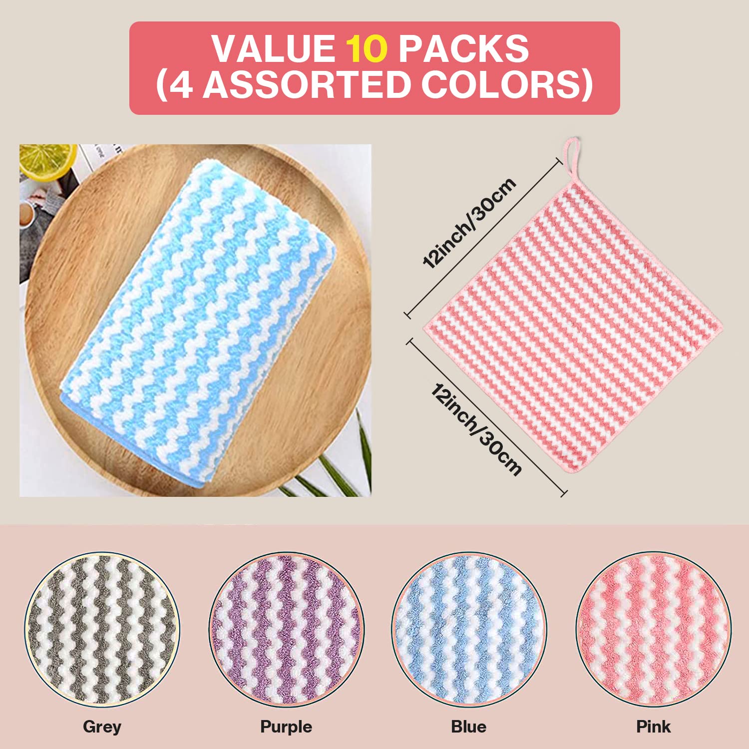 AMITER Premium 100% Cotton Kitchen Dish Towels Set - 10 Pack Absorbent Dishcloths for Washing & Drying Dishes - Soft Kitchen Wash Cloths for Cleaning, Cooking & Home Use