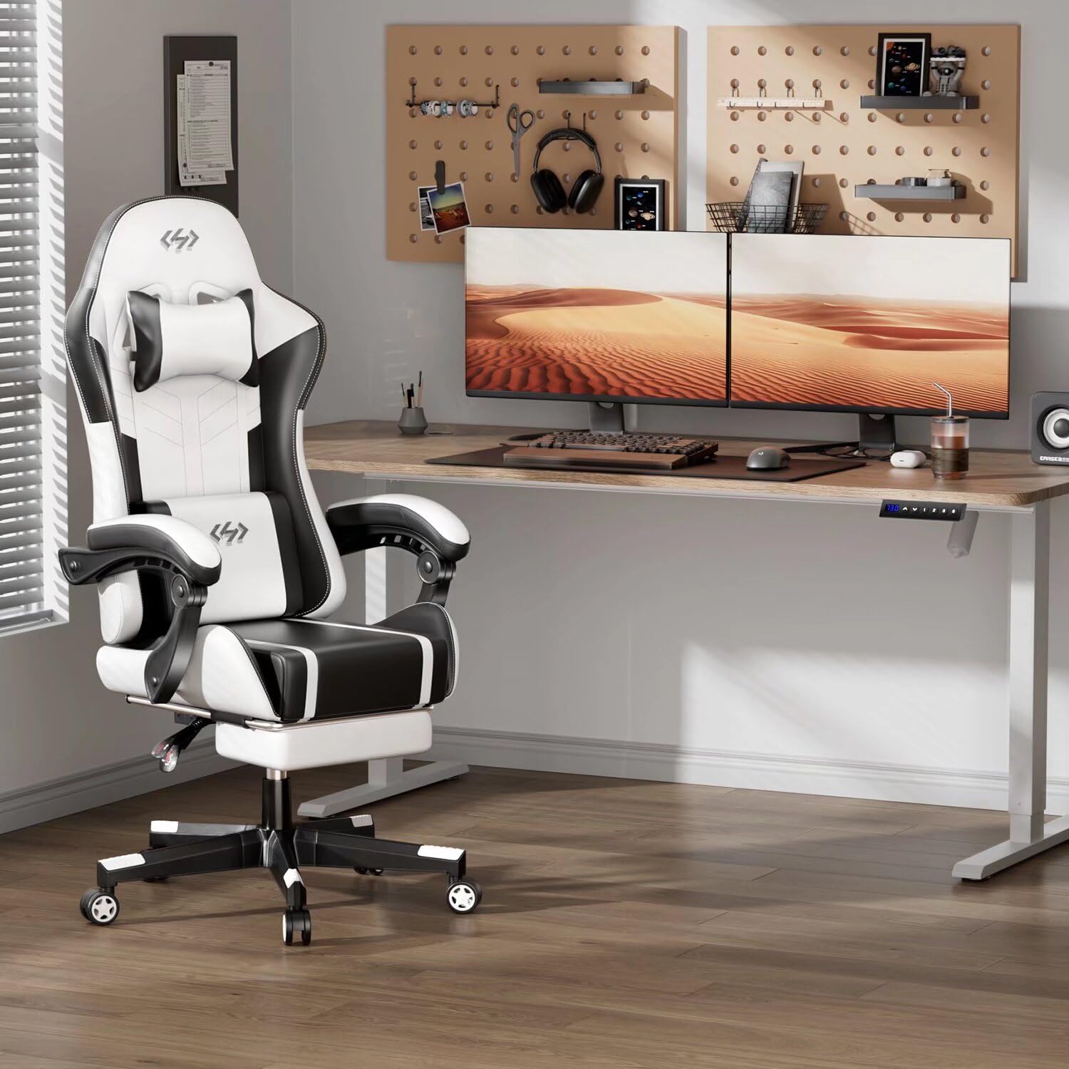 HLDIRECT Ergonomic Gaming Chair for Adults - High Back PU Leather Computer Chair with Adjustable Headrest & Lumbar Support - Swivel Office Chair for PC, Video Games & Work - Black & White Design - Perfect for Home Office, Gaming Setup & Streaming Station