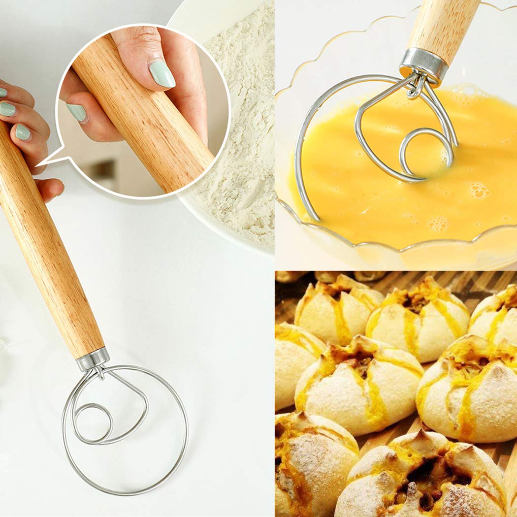 Stainless Steel Danish Dough Whisk - Professional Bread Mixer for Pastry, Pizza & Baking | Dutch Style Hand Dough Blender | Ideal for Homemade Bread, Cookies & Cake Mixing