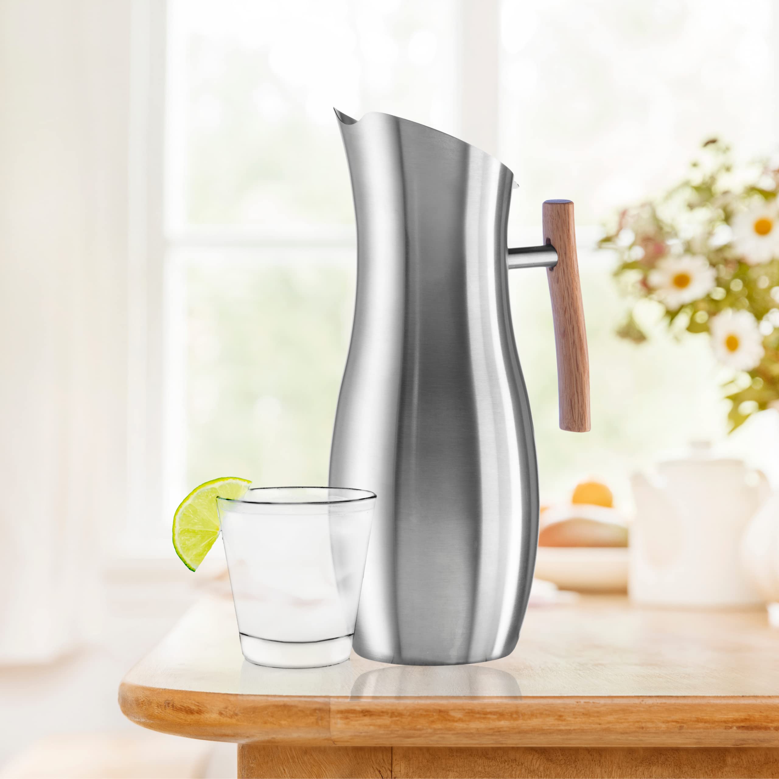 OGGI Slimline Stainless Steel Pitcher with Ice Guard - 68oz (2L) Metal Water Carafe for Iced Tea, Lemonade & Cold Beverages - Perfect for Parties, Entertaining & Outdoor Gatherings