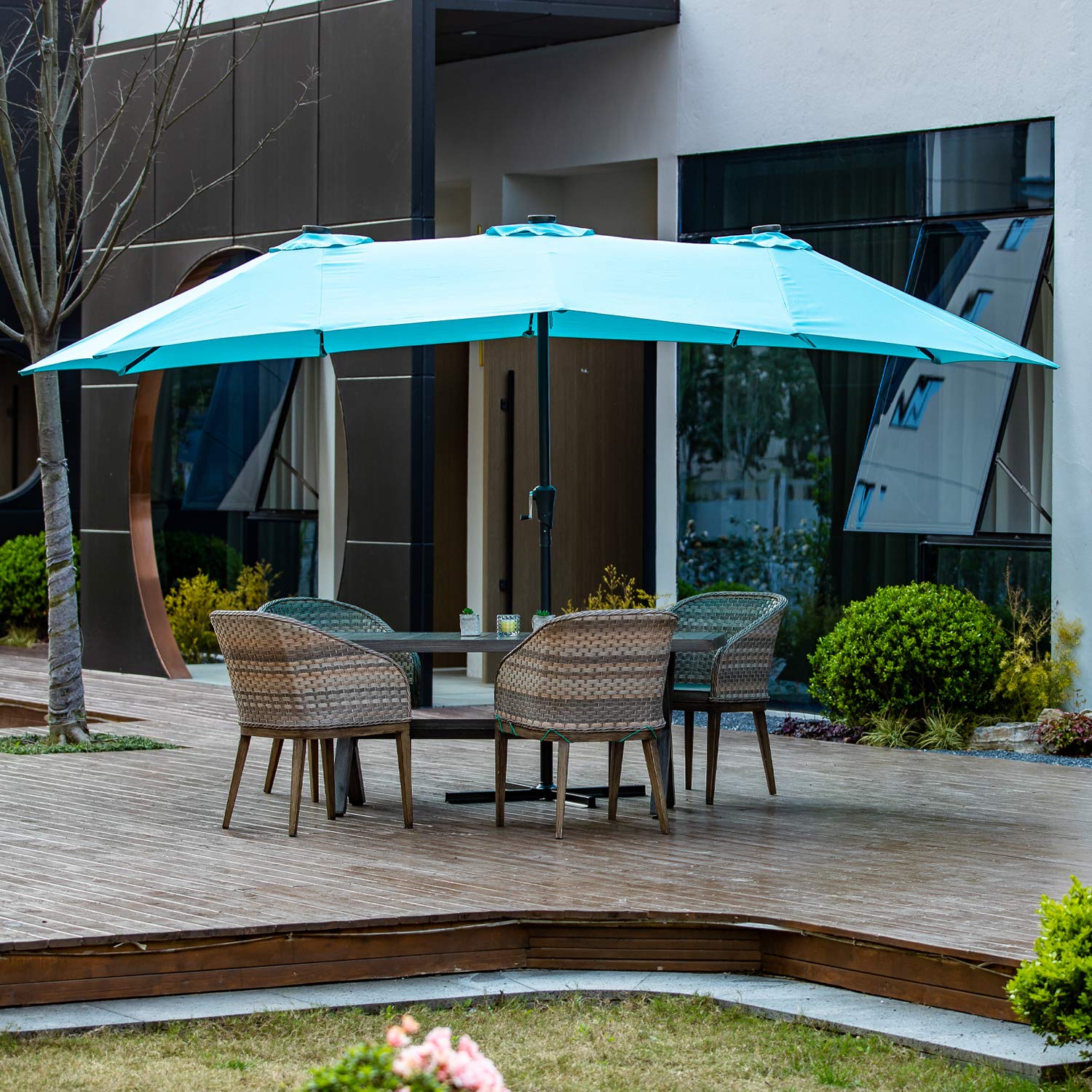 GDY 15Ft Solar Powered Patio Umbrella with 48 LED Lights - Double-Sided Outdoor Market Umbrella for Table, Aluminum Pole & Base Included (Blue) - Perfect for Backyard, Garden, Poolside & Outdoor Dining Areas