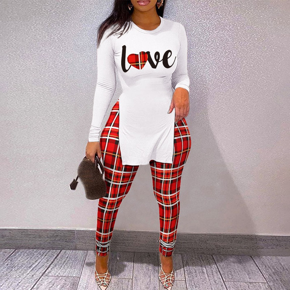 Women's Fall Two Piece Outfits - Casual Printed Side Slit Top & Skinny Pants Tracksuit Set | Fashion Streetwear 2-Piece Suit | Perfect for Daily Wear, Work, and Weekend Outings