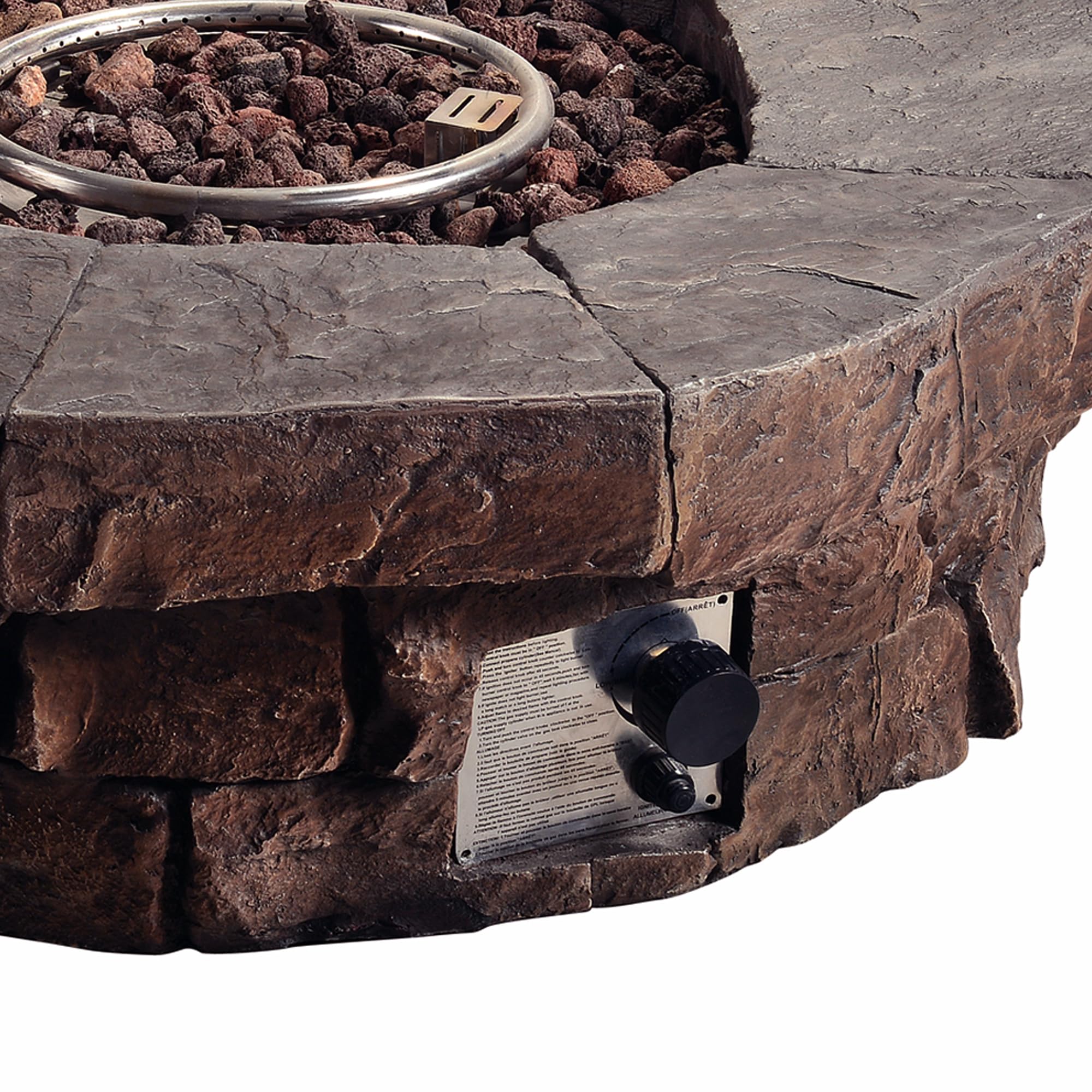 Teamson Home 37.01 Inch Round Outdoor Propane Gas Fire Pit - Faux Stone Finish with Gas Regulator & Weatherproof PVC Cover - Perfect for Patio, Backyard, Garden, or Tailgating Gatherings - Easy Cleanup & Durable Brown Design
