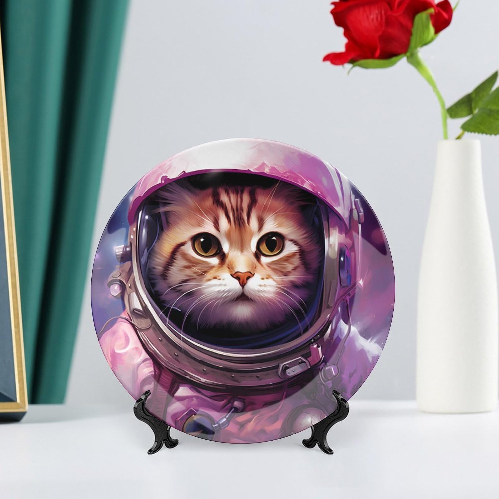 Space Cat Ceramic Decorative Plate with Stand - Unique Kitchen & Home Decor for Dining Display | Perfect for Wall Art, Gift Giving, and Themed Dinner Parties
