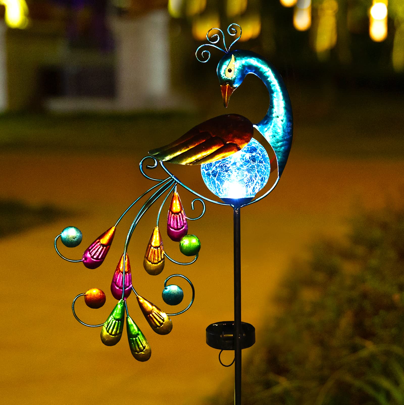 Solar Peacock Lights Outdoor Decorative - Waterproof Crackle Glass Ball Stake Lights for Garden, Patio, Yard, Lawn & Porch | Perfect for Landscape Lighting, Backyard Decor & Holiday Gifts