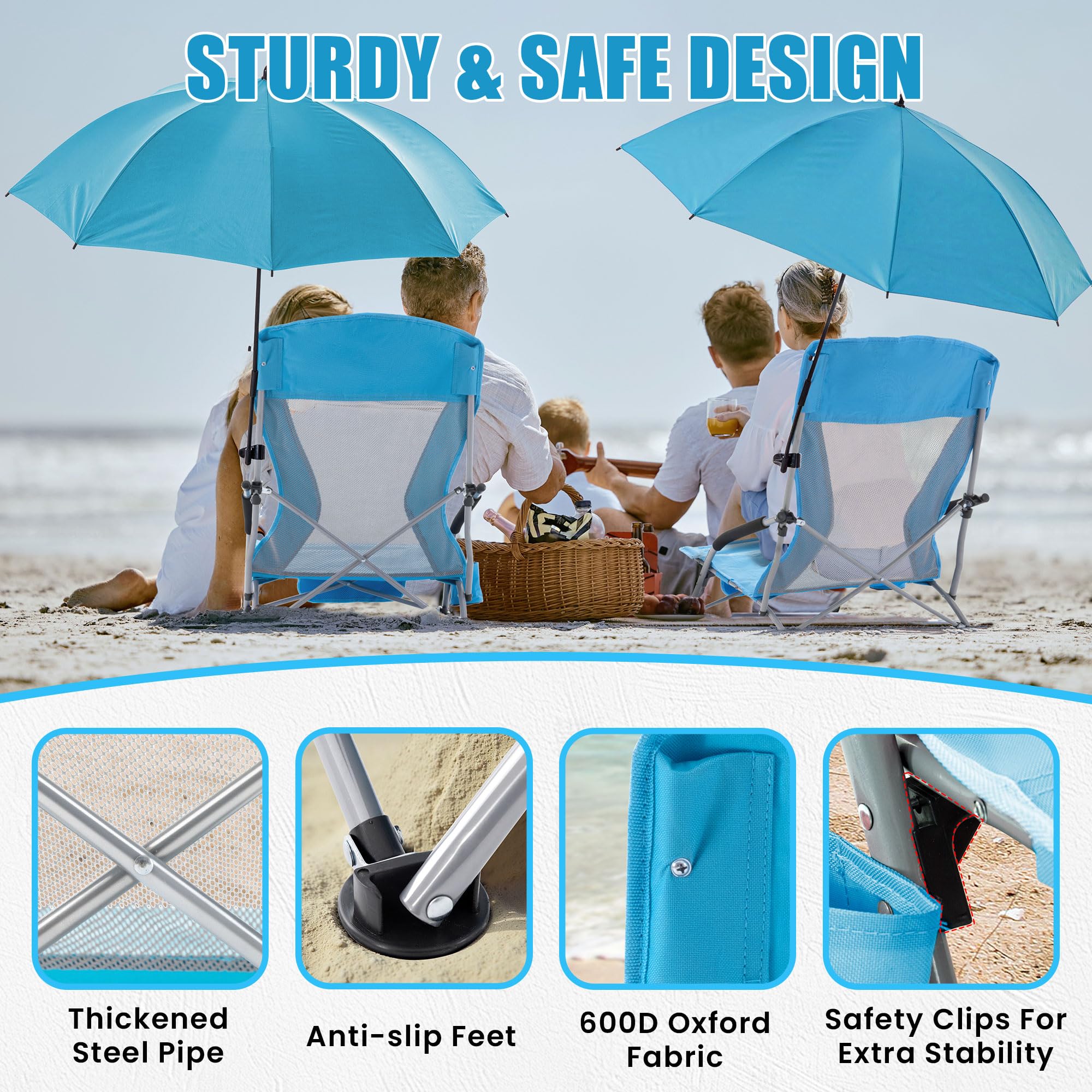 Lamberia Folding Beach Chair with Umbrella - Portable Low Profile Camping Chair for Adults, Supports 300lbs - Lightweight Foldable Outdoor Chair for Travel, Picnic, Concert, Beach & Backyard Relaxation - Blue