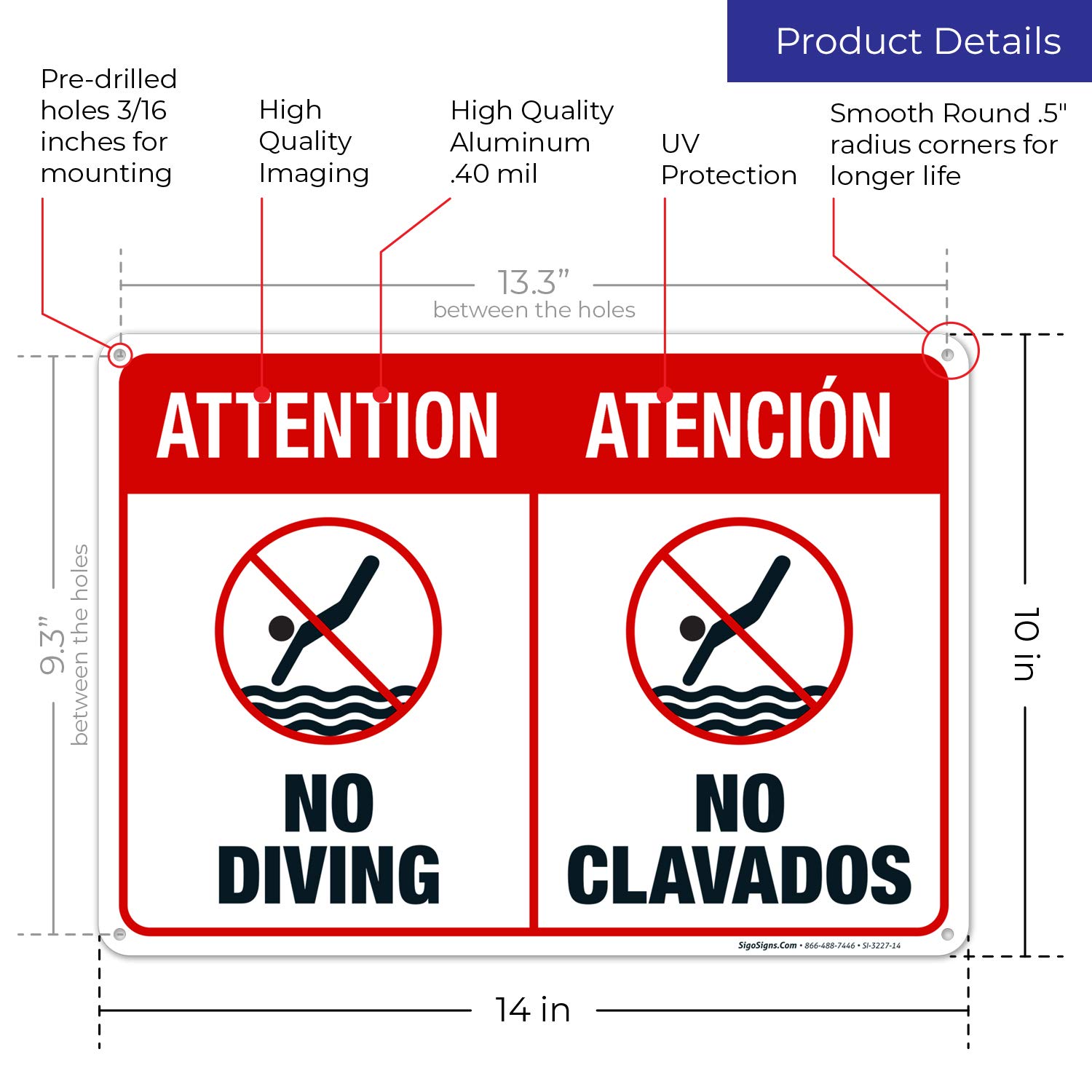 No Diving Pool Sign - Bilingual English/Spanish 10x14 Inches - Rust-Free .040 Aluminum - Fade Resistant - Easy Mounting - Indoor/Outdoor Use - Made in USA - Perfect for Swimming Pools, Water Parks & Backyard Safety