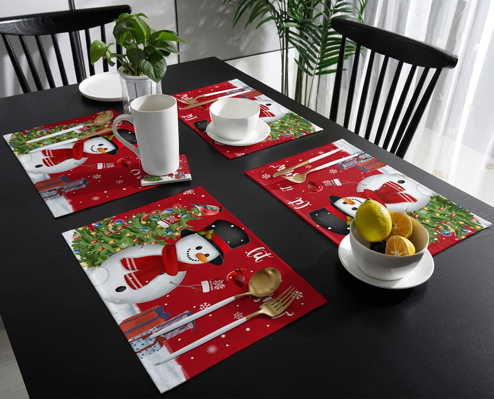 IDOWMAT Set of 6 Christmas Themed Placemats - Snowman, Snowflake & Tree Design, Spill Proof, Washable, Heat Resistant, Non-Slip Table Mats for Dining, Indoor & Outdoor Use - Perfect for Holiday Decorations, Family Gatherings & Winter Dinner Parties