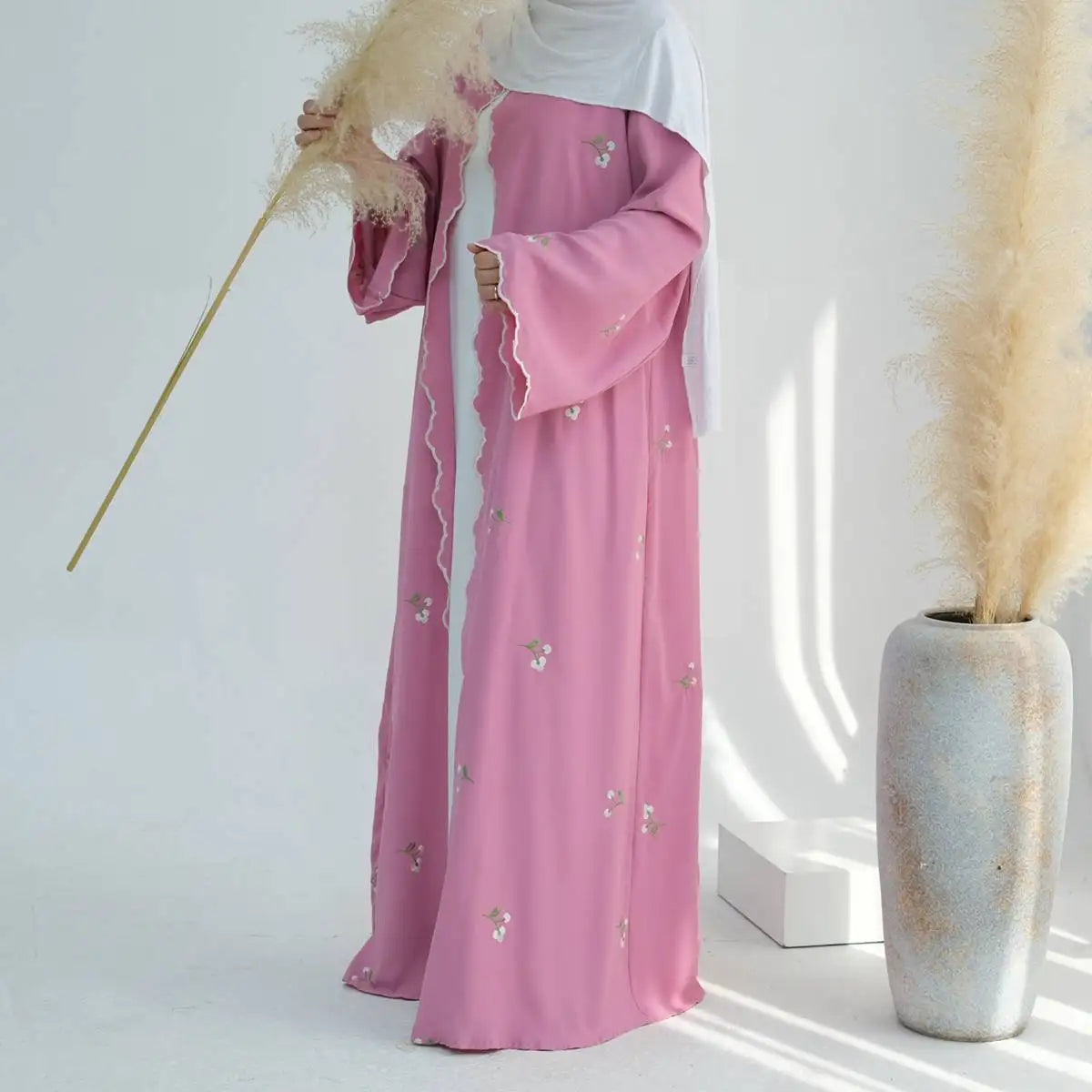 Elegant Floral Embroidered Open Front Abaya Dress for Women - Boho Chic Cardigan Cover Up - Perfect for Prayer, Mosque, and Special Occasions