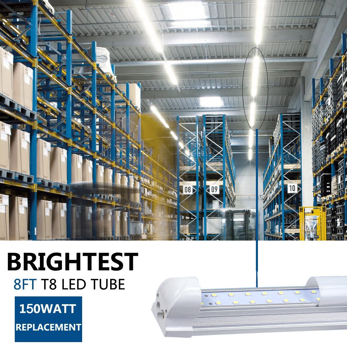 8FT LED Tube Light 72W (150W Fluorescent Equivalent) - 170° Wide Beam Angle, Double-Sided, Plug and Play, No Ballast Needed, Clear Cover, 6000-6500K Cool White - Pack of 25 - Perfect for Warehouses, Garages, and Commercial Lighting