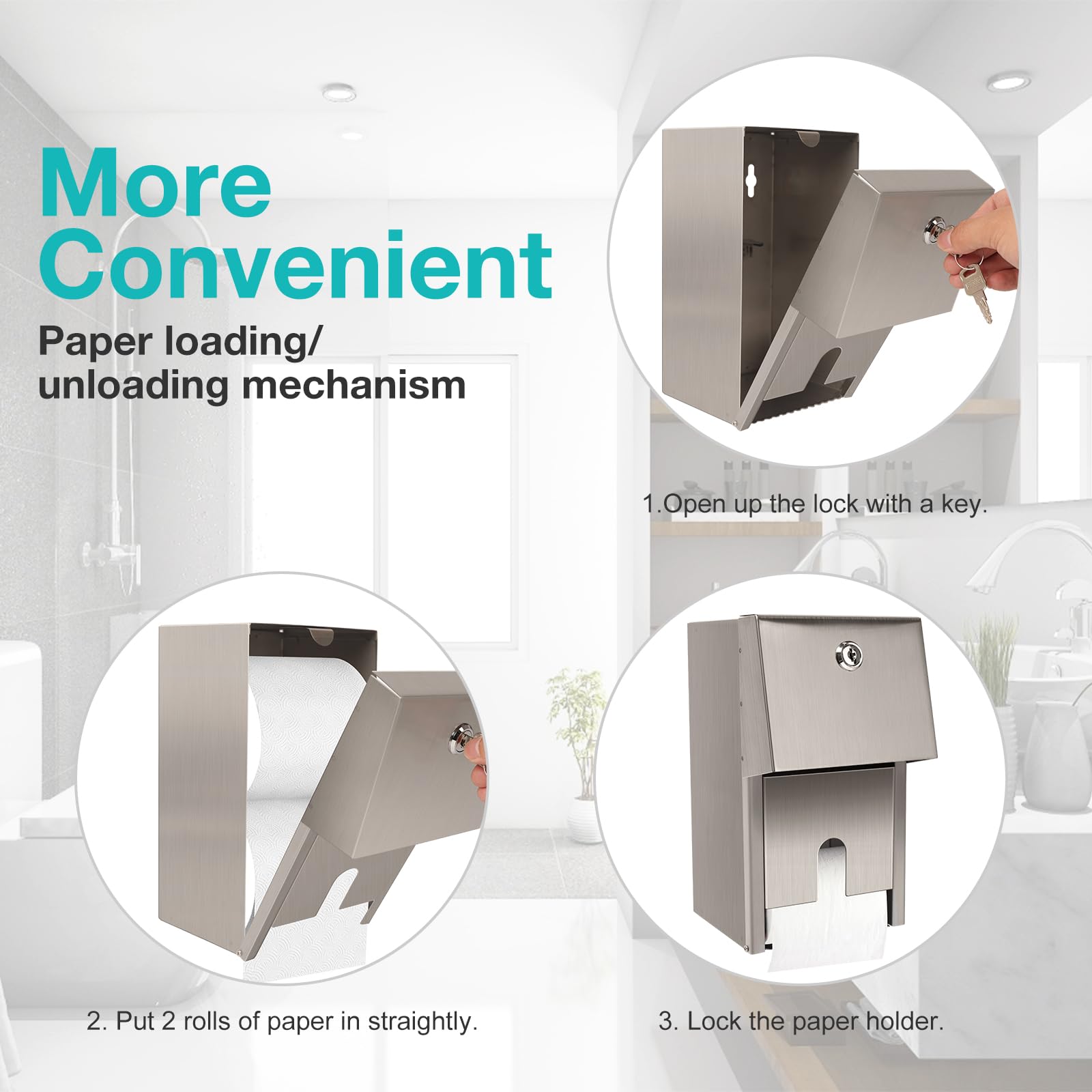 Commercial Toilet Paper Dispenser - Histely Double Roll Stainless Steel Toilet Paper Holder with Lockable Design & 2 Keys, 304 Waterproof Wall Mount Bathroom Tissue Dispenser for Restrooms, Hotels, Offices & Public Washrooms