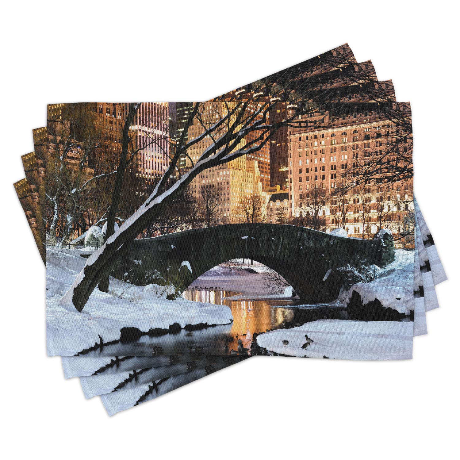 Lunarable NYC Place Mats Set of 4 - New York City Manhattan Central Park Winter Panorama with Frozen Lake at Dusk - Washable Fabric Table Mats for Dining Room - Standard Size Black & White - Perfect for Dinner Parties, Holiday Decor & Home Decor