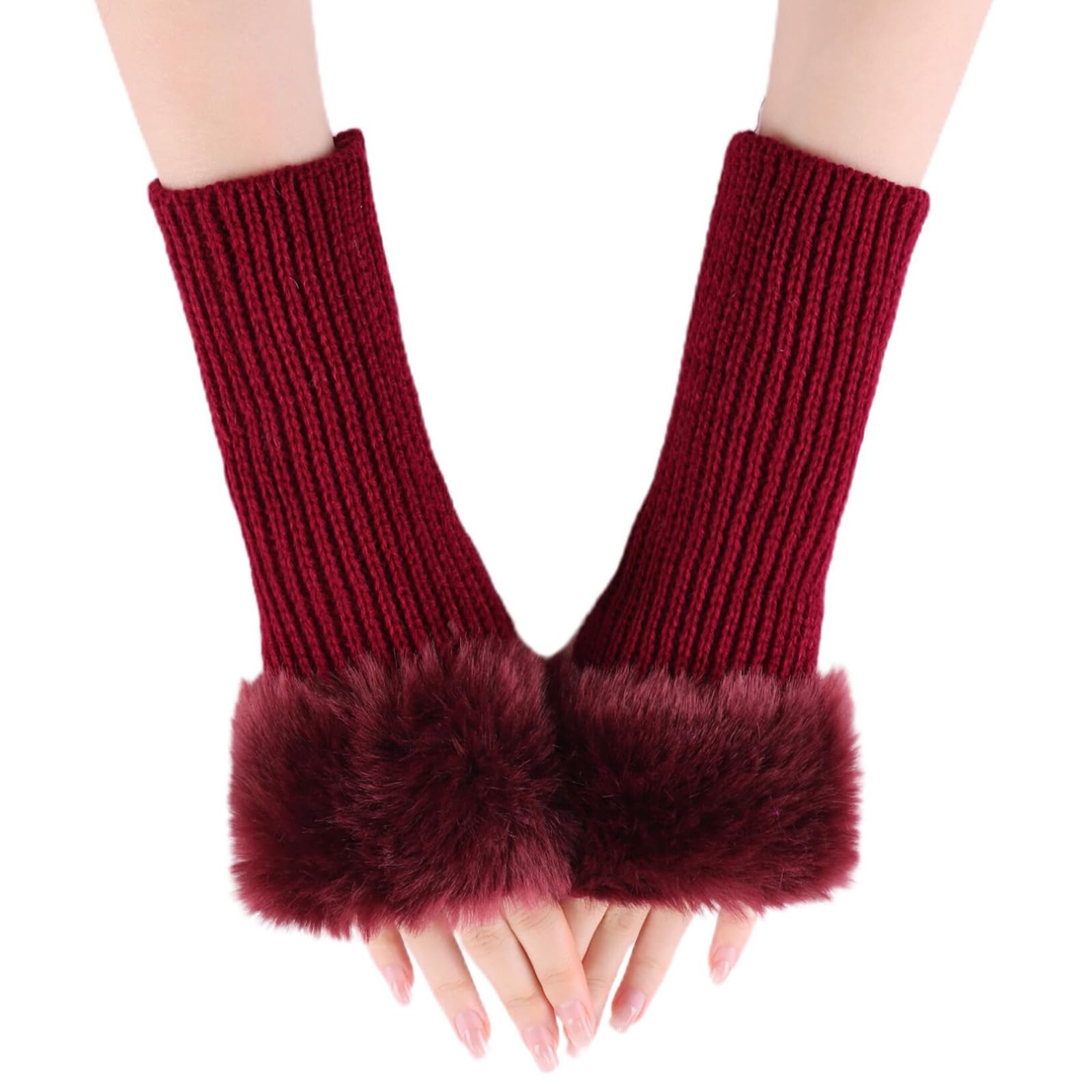 Winter Fingerless Gloves for Women - Knitted Arm Warmers with Thumb Hole & Faux Fur Wrist Cuff | Cozy Hand Mittens for Outdoor Activities, Office Work, and Cold Weather Fashion