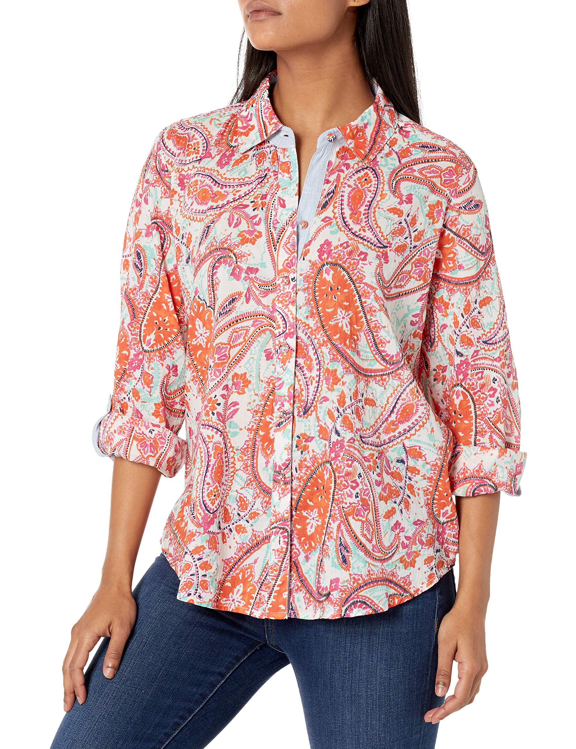 Foxcroft Women's Zoey Petite Summer Paisley Shirt - Floral Print Short Sleeve Blouse for Casual Wear, Office & Outdoor Activities