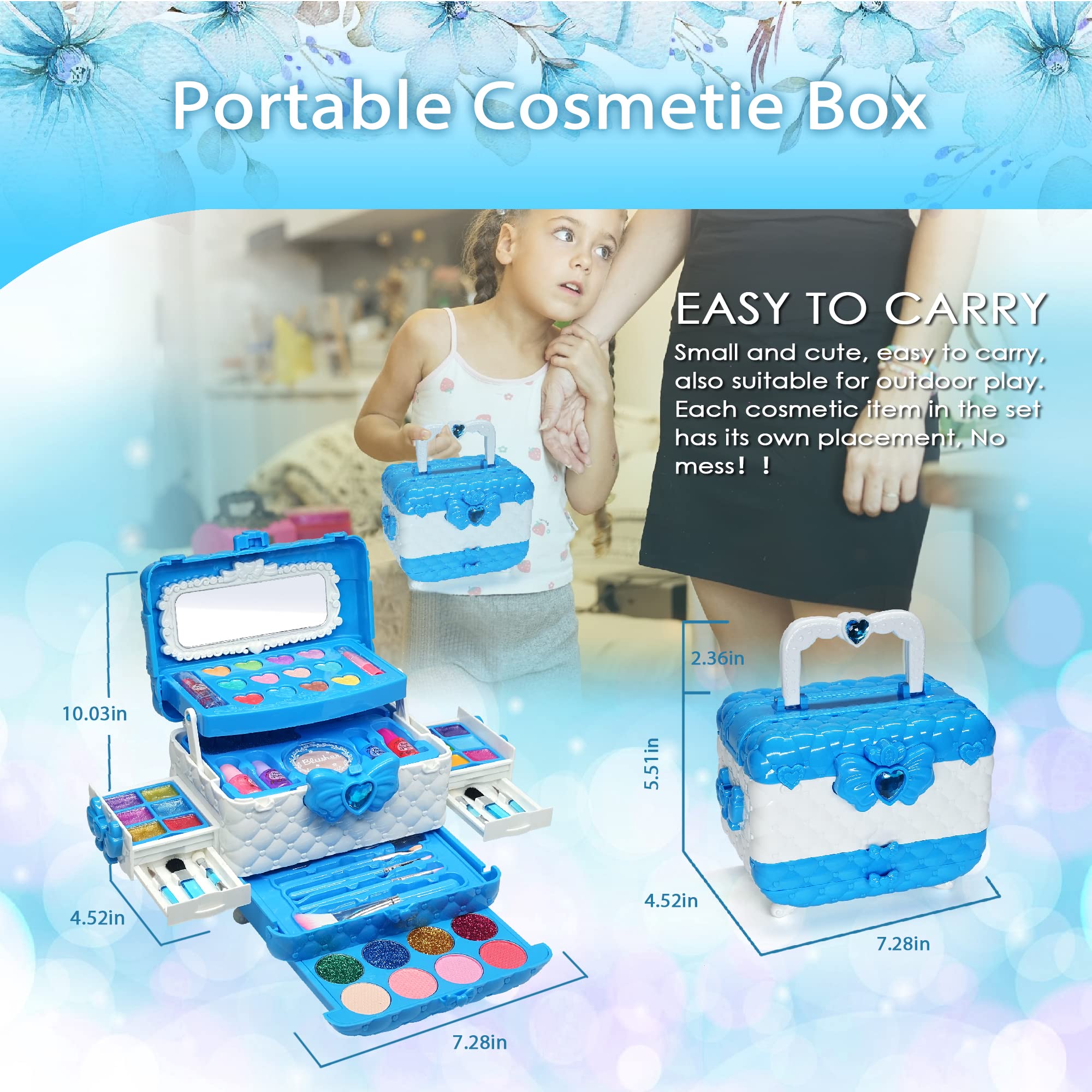 **Safe & Washable Kids Makeup Kit for Girls Ages 5-7 - Princess Birthday Gift Set with Real Cosmetic Toys (Blue) | Perfect for Dress-Up, Pretend Play & Birthday Parties**