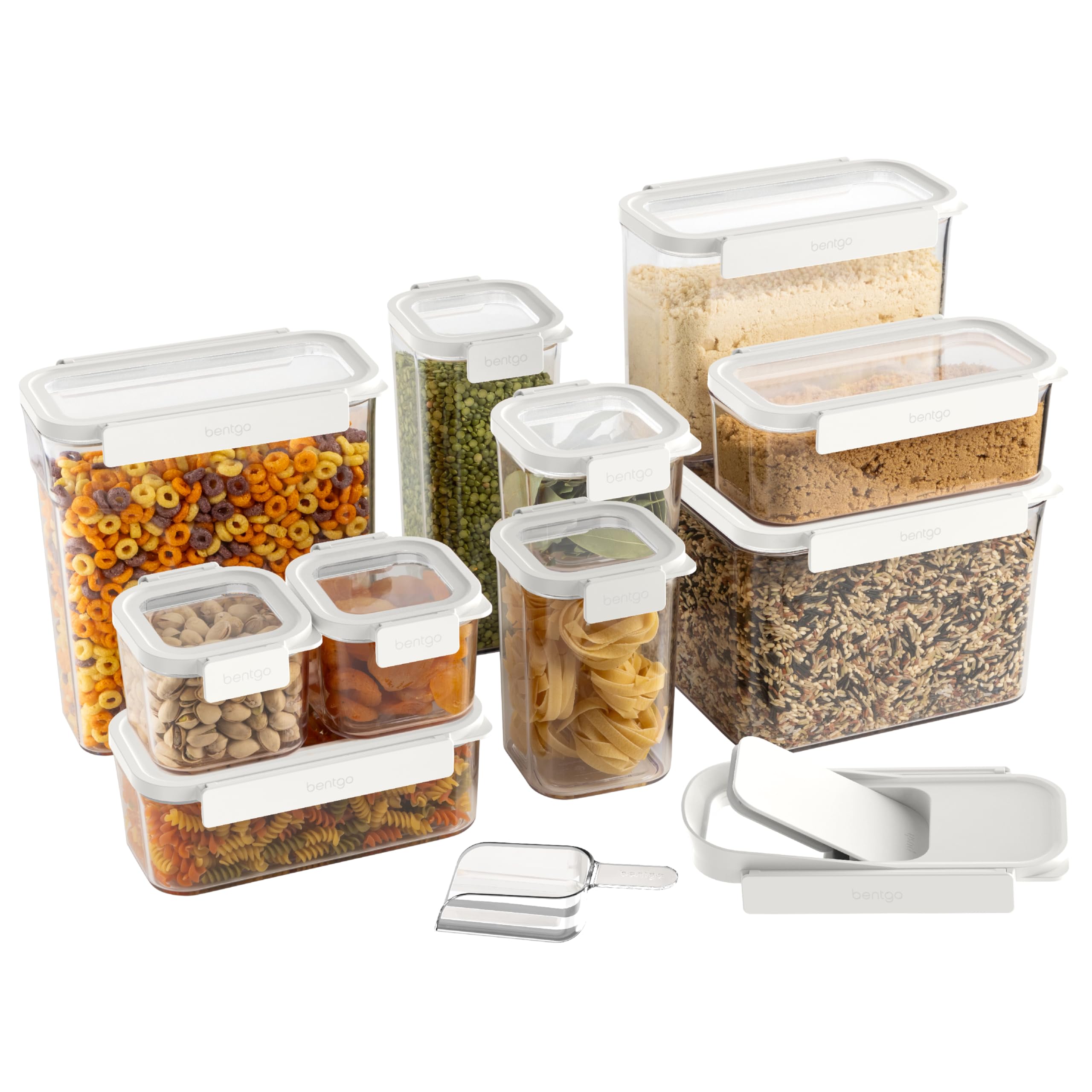 Bentgo Pantry - 22-Piece Airtight Food Storage Containers Set, Clear Stackable Kitchen & Pantry Organization with Locking Lids for Freshness, Includes Bonus Cereal Lid & Scoop, BPA-Free Plastic (Snow) | Perfect for Meal Prep, Snack Storage & Pantry Organization