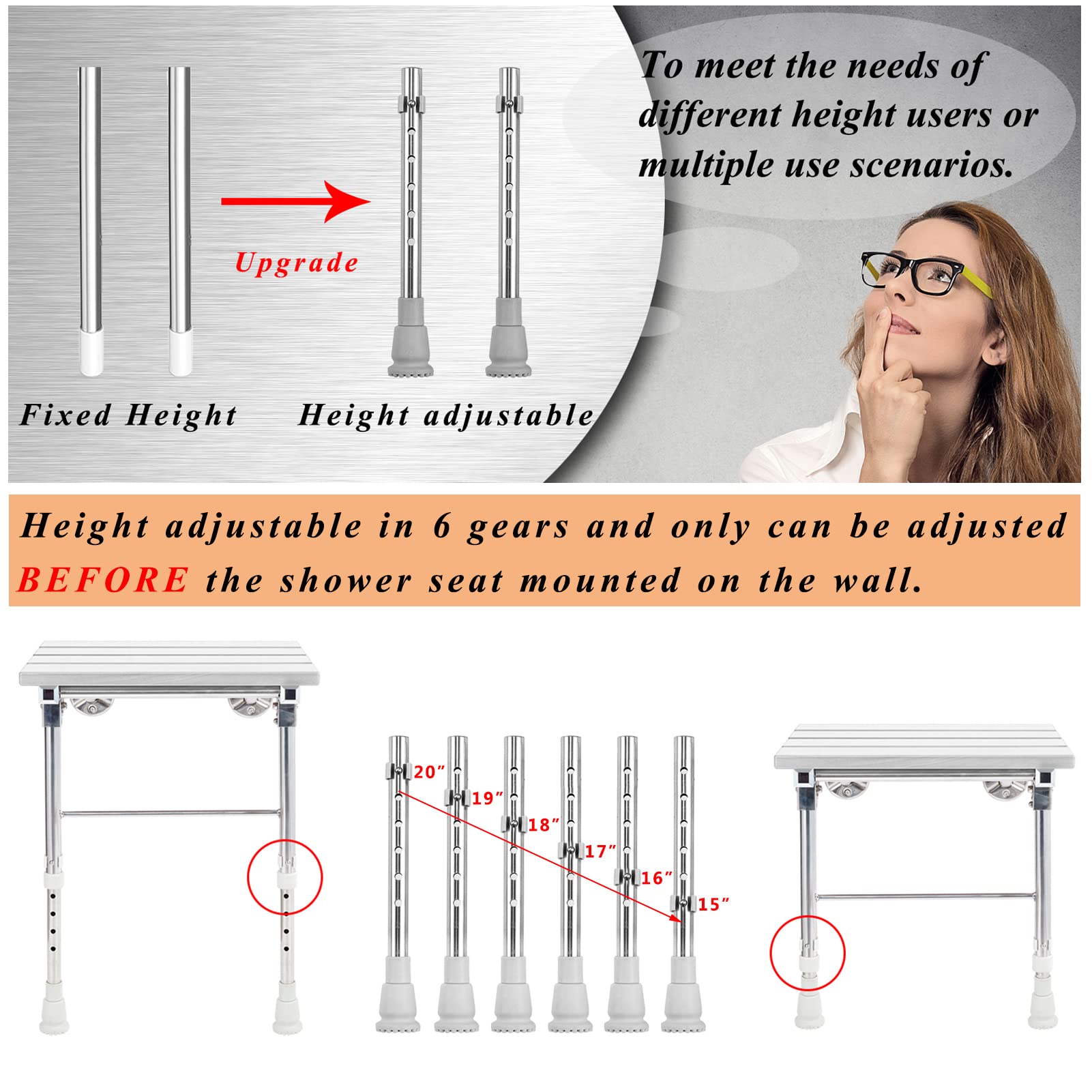 Foldable Wall Mounted Shower Seat with Adjustable Legs - Waterproof Wooden Shower Bench for Seniors & Small Spaces | Perfect for Bathroom Safety & Compact Shower Areas