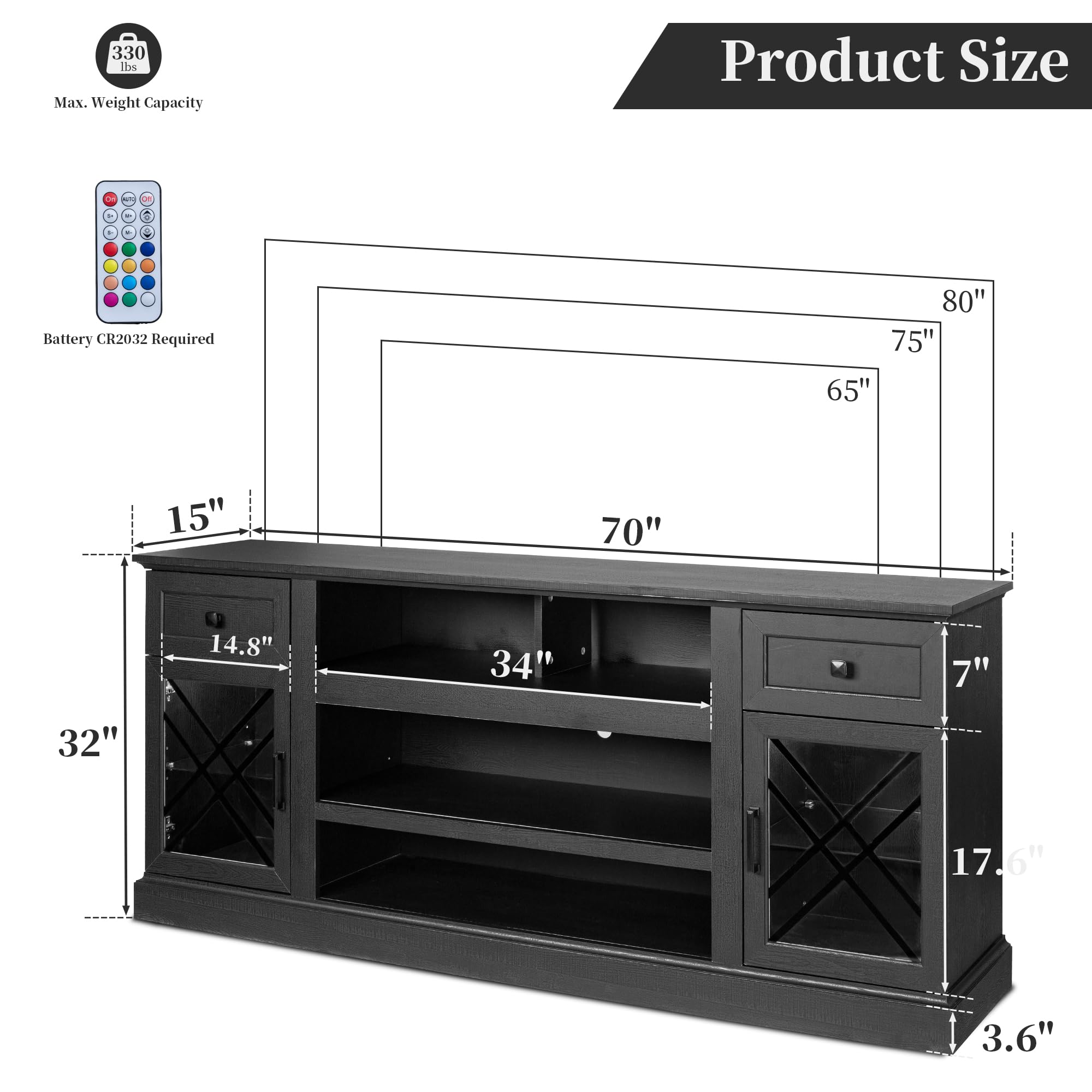 70 Inch Modern Farmhouse TV Stand for 80 Inch TVs - Wooden Entertainment Center with LED Lights & Glass Doors - Living Room & Bedroom Storage Cabinet (Black) | Perfect for Home Theater Setup & Media Organization