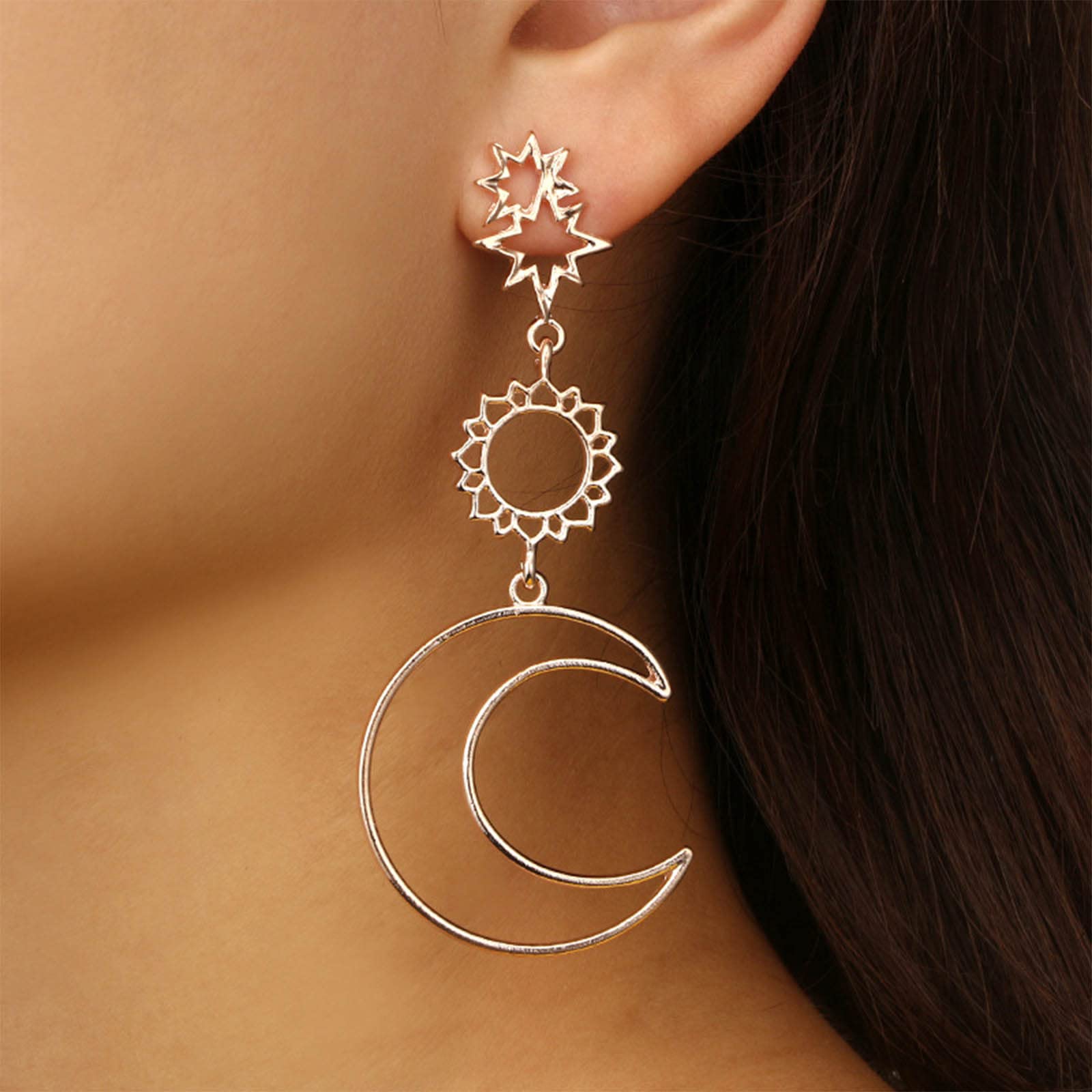 YienDoo Rose Gold Sun and Moon Dangle Earrings - Asymmetrical Crescent Star Stud Hoop Drop Earrings for Women | Perfect for Parties, Weddings, and Everyday Fashion Jewelry Gifts