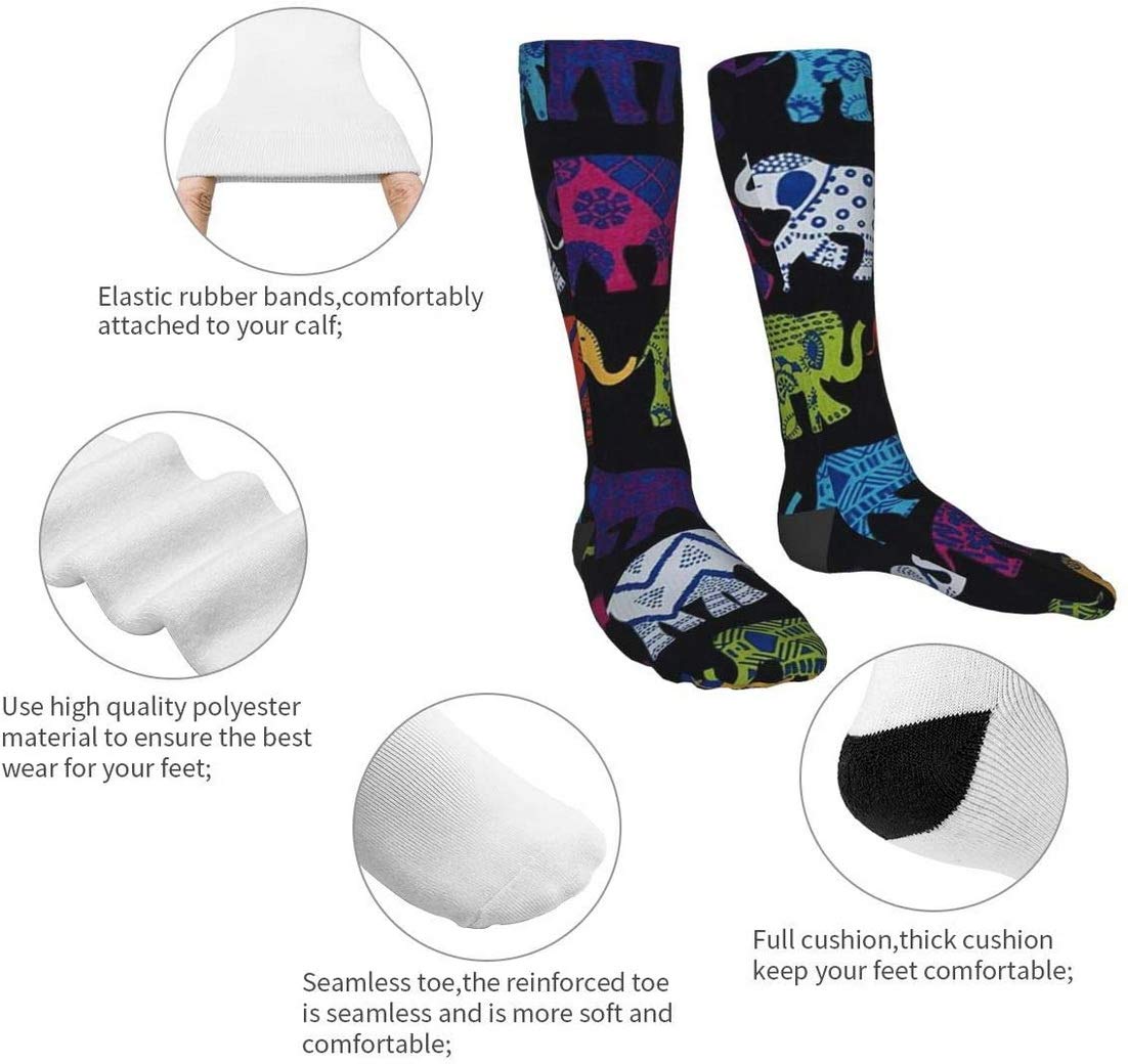 Black Elephants Compression Socks for Men & Women - Crazy Patterned Fun Long Cotton Socks Over The Calf - Perfect for Running, Travel & Work