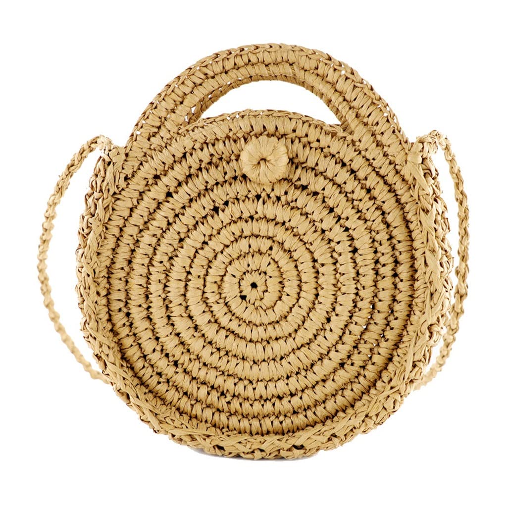 Eco-Friendly Handmade Woven Straw Shoulder Bag for Women - Round Knitted Crossbody Purse - Summer Beach Bag, Boho Rattan Handbag (Color: B, One Size) | Perfect for Beach Vacations, Picnics & Boho Fashion Outfits