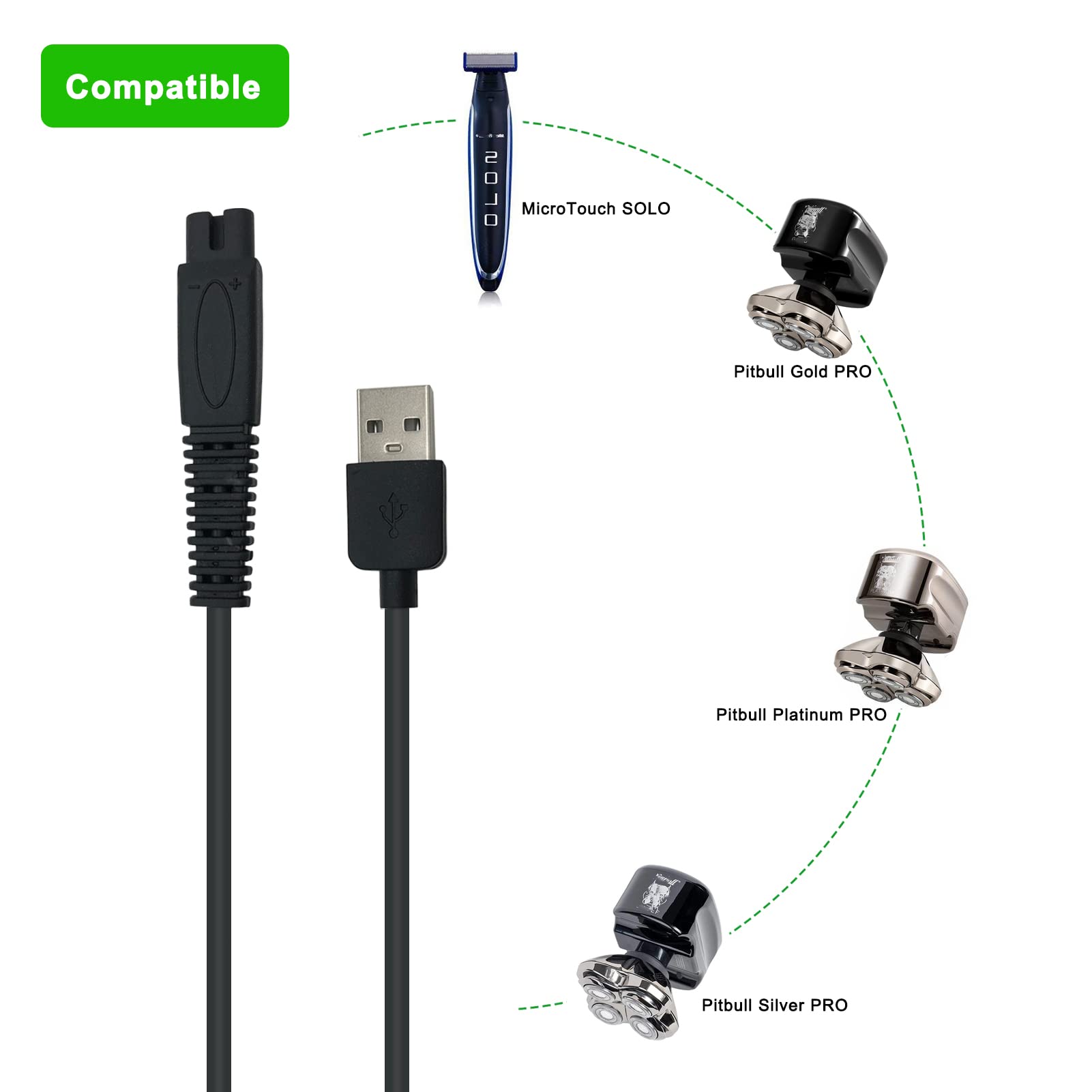 USB Charger Replacement for Skull Shaver Pitbull/Palm/Silver & MicroTouch Solo Razor - Power Cord Accessories with 2-Pack Cleaning Brush | Perfect for Travel, Home Use, and Grooming Kits