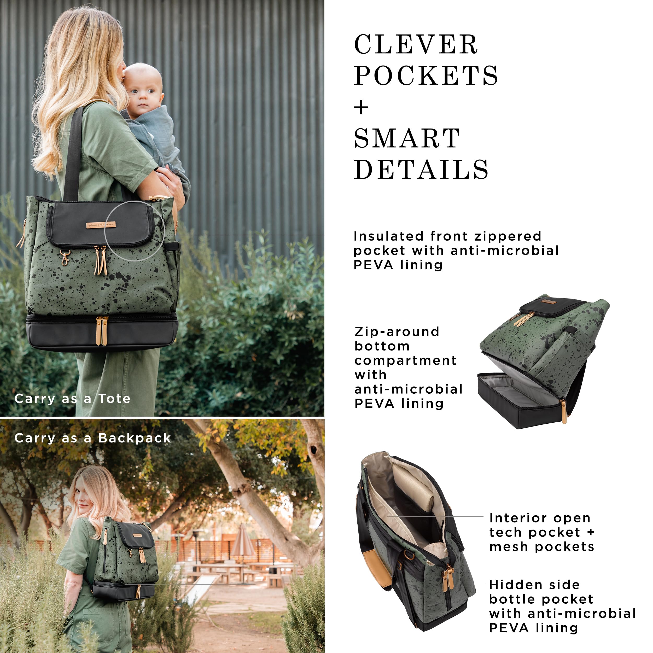 Petunia Pickle Bottom Pivot Backpack - Convertible Diaper Bag with Insulated Pockets & Spacious Interior | Olive Ink Blot | Perfect for Moms, Travel & Daily Use