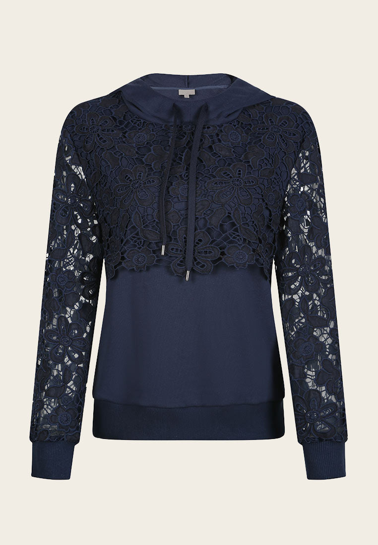 Elodie Navy Lace Embroidered Hoodie for Women - Stylish Pullover Sweatshirt with Floral Design | Perfect for Casual Wear, Date Nights & Fall Fashion