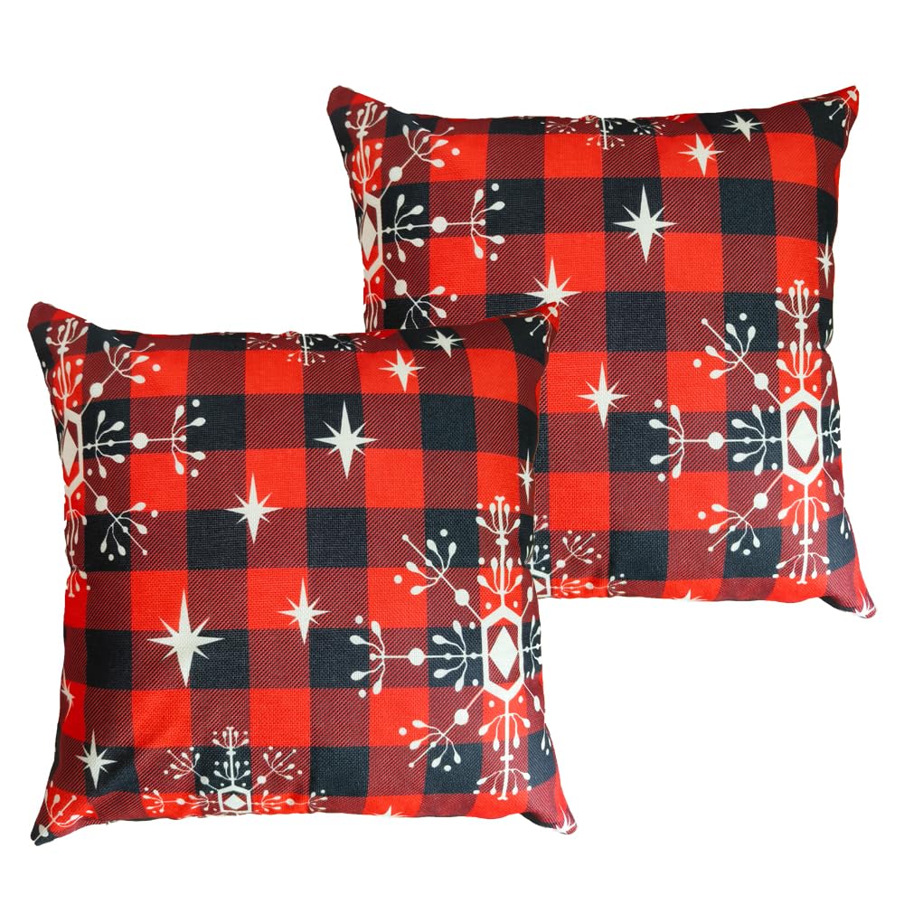 Buffalo Plaid Throw Pillow Covers 18x18 Inch - Set of 2 Modern Linen Decorative Pillowcases with Snowflake Print for Sofa, Couch & Bed - Cozy Winter Home Decor & Christmas Living Room Accents