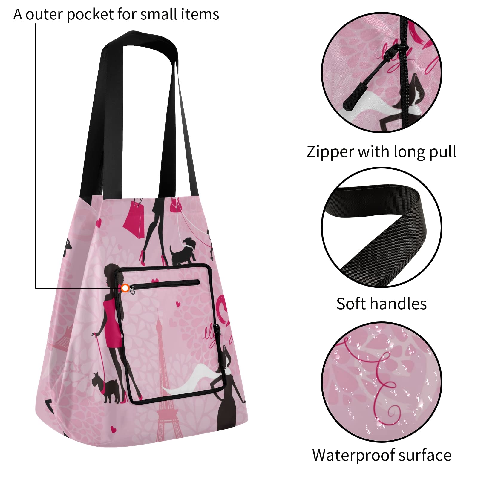 ALAZA Paris Eiffel Tower France Pink Large Dog Tote Bag - Reusable Foldable Grocery Shopping Bag with Handles, Lightweight Shoulder Bag for Women | Perfect for Travel, Picnic, Beach & Outdoor Activities