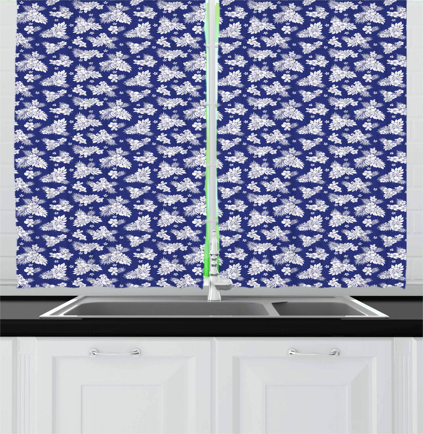 Ambesonne Blue and White Kitchen Curtains Set of 2 Panels - 55 x 39 Inches Floral Aloha Design Window Drapes for Hawaiian Tropical Decor - Perfect for Kitchen, Cafe, Dining Room & Beach House Windows