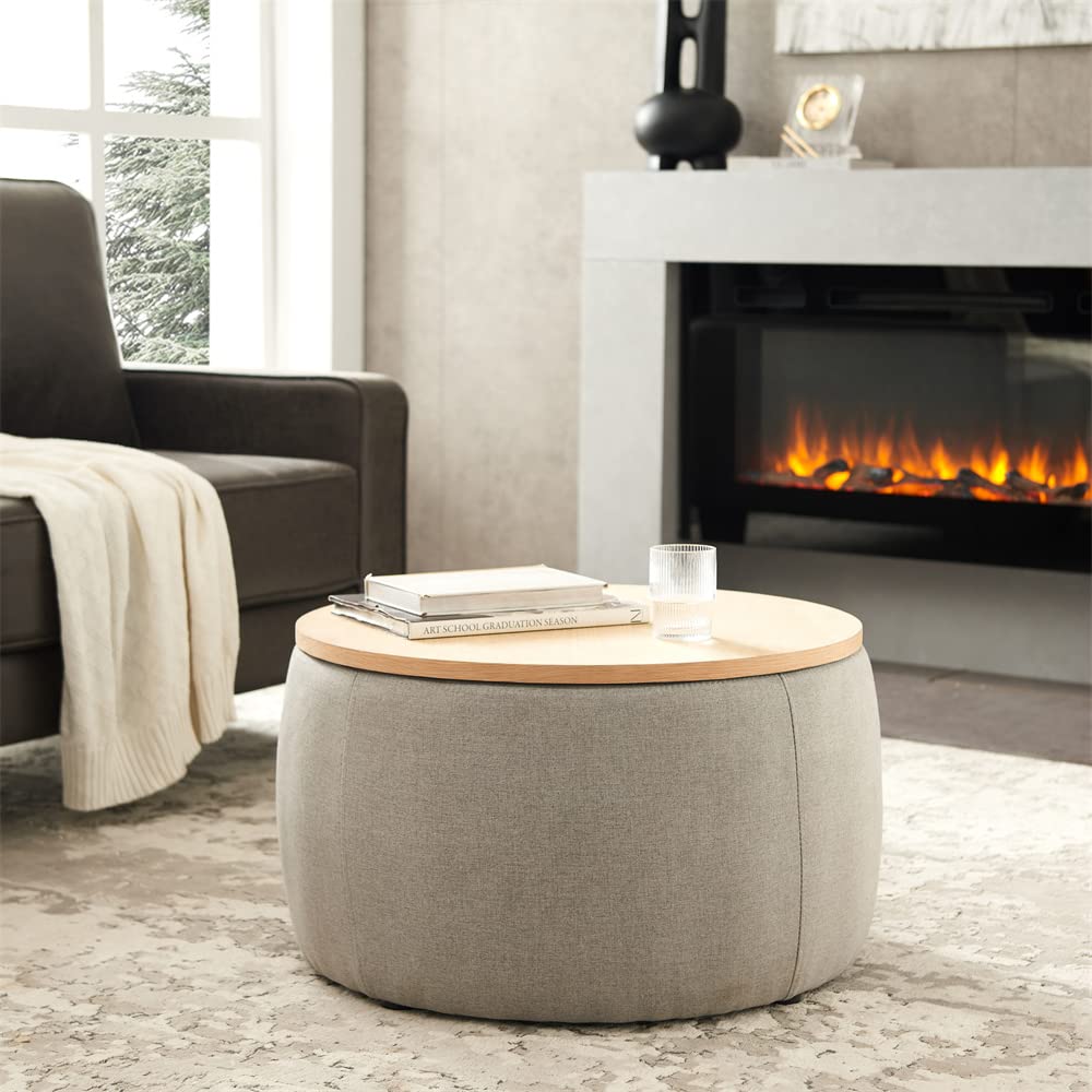 2-in-1 Round Storage Ottoman with Removable Tray - Upholstered Pleated Footrest Stool & Coffee Table - Light Grey Accent Furniture for Living Room, Bedroom, Vanity | Perfect as Makeup Stool, Side Table & End Table