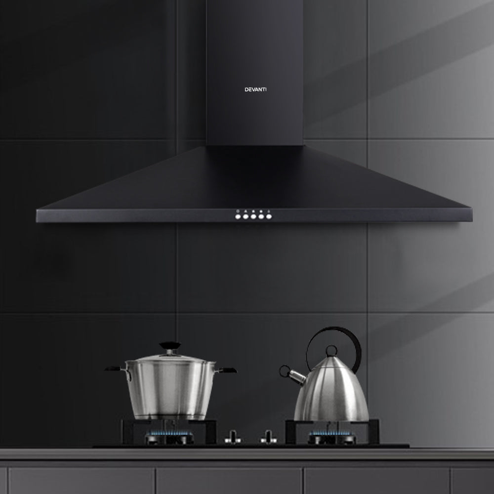 Devanti 900mm Range Hood 90cm - Black Stainless Steel Kitchen Exhaust Fan with LED Lights | Perfect for Modern Home Cooking, Smoke & Odor Removal