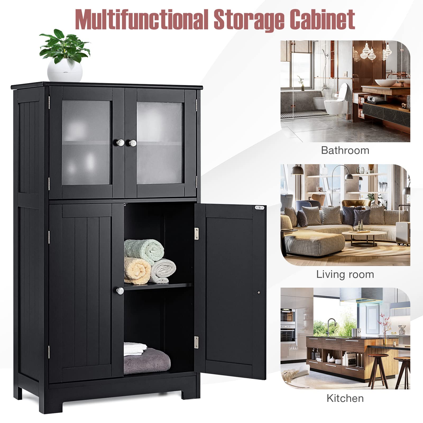 Tangkula Freestanding Bathroom Floor Cabinet with Glass Doors - Adjustable Shelf Wood Storage Cabinet for Bathroom, Kitchen, Hallway, Living Room & Office - Perfect for Organizing Towels, Toiletries & Home Decor (Black)