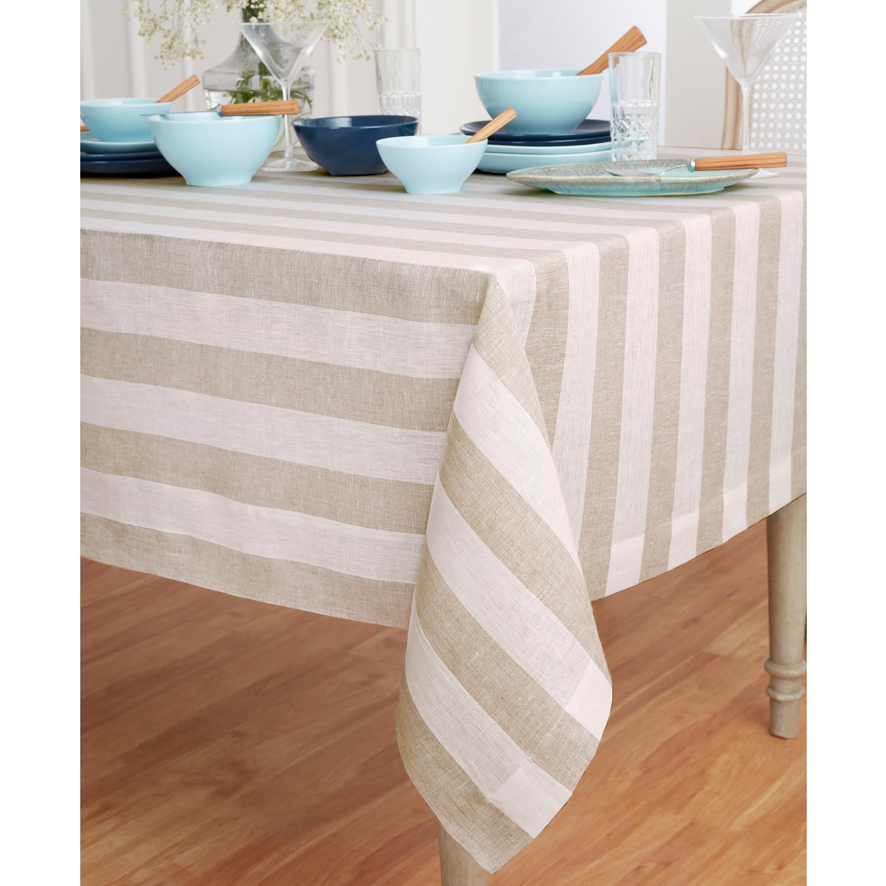 Solino Home 100% Pure Linen Tablecloth - Natural & White Cabana Stripe (60x120 Inch) | Machine Washable Handcrafted Table Cover | Perfect for Spring Decor, Easter, Mother's Day & Outdoor Dining