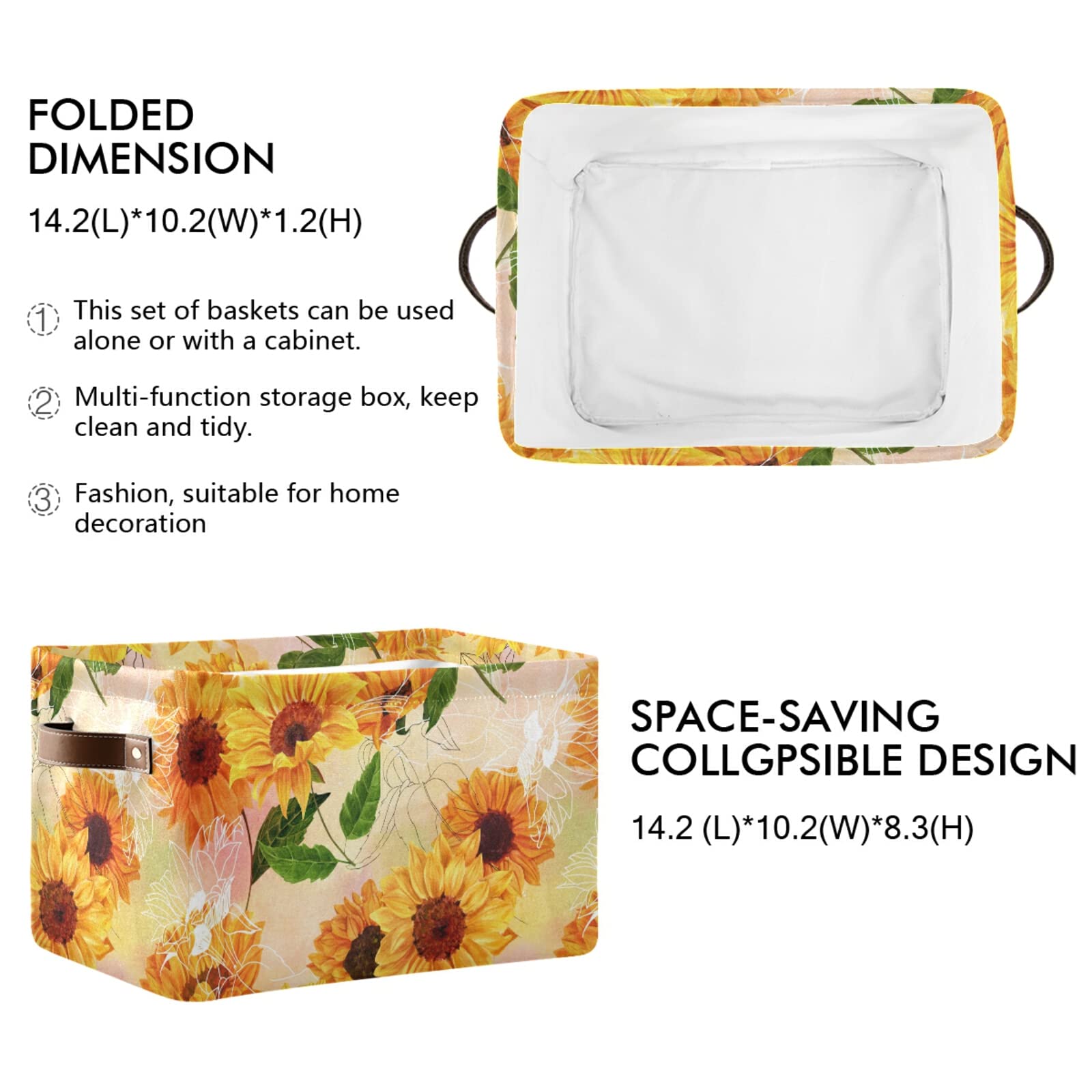 **AUUXVA Collapsible Canvas Storage Bins with Handles - 2 Pack Large Sunflower Flower Painting Cube Box for Toys, Clothes, Home, Office, Bedroom & Closet Organization | Perfect for Shelves, Under Bed & Kids Room Storage**