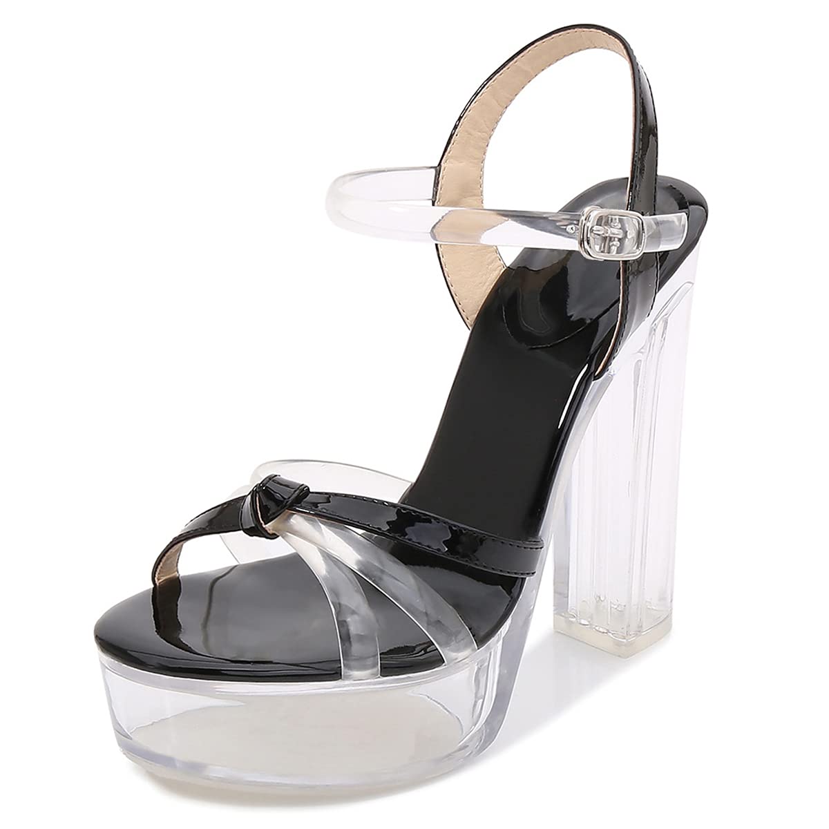 Yolkomo Women's Clear Chunky Heel Ankle Strap Sandals - Open Toe Block Heels Platform Shoes for Party, Wedding & Evening Wear
