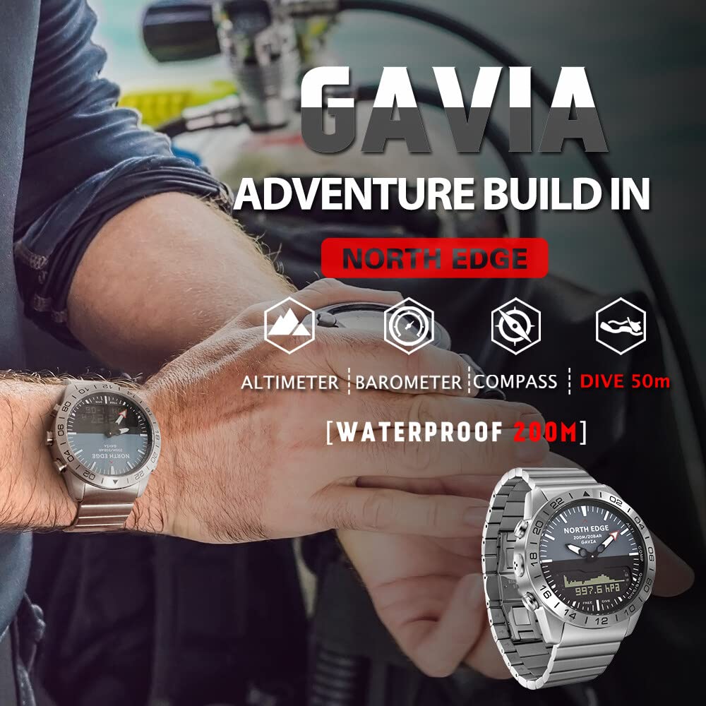 Rofawee Men's Sports Digital Analog Watch - Waterproof Diving Watch with Altimeter & Compass - 200M Stainless Steel Business Wristwatch for Swimming, Hiking & Outdoor Activities