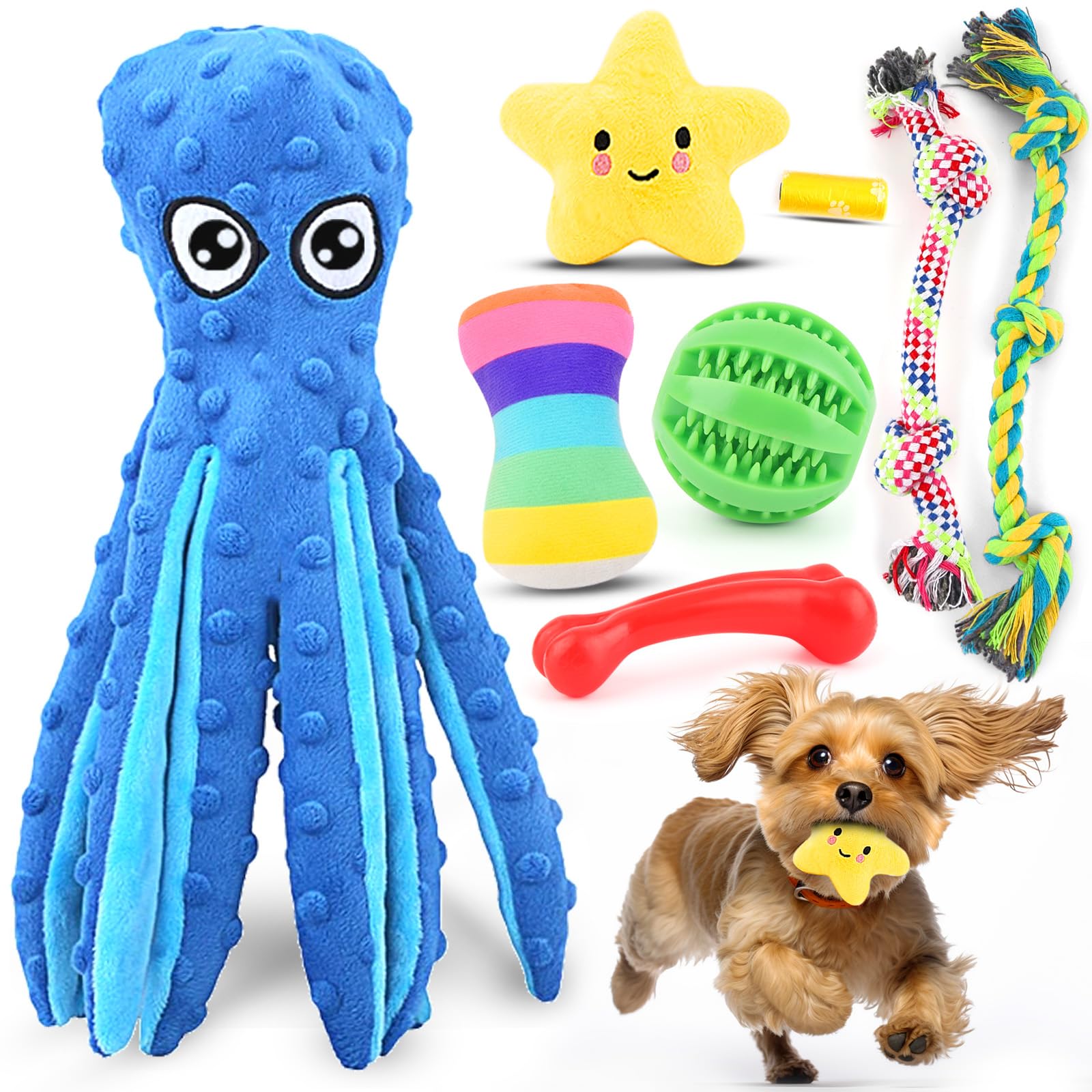 Luxury Puppy Chew Toys 8-Pack - Squeaky Plush, Rope & Ball for Teething Small Dogs (Blue) - Perfect for Christmas Gifts & Training