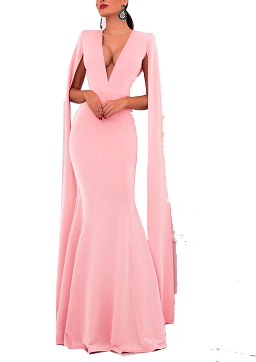 Elegant Women's Long Mermaid Evening Dresses with Cape Sleeve - Double V-Neck Formal Gowns for Prom, Wedding, and Black Tie Events | Perfect for Special Occasions and Red Carpet