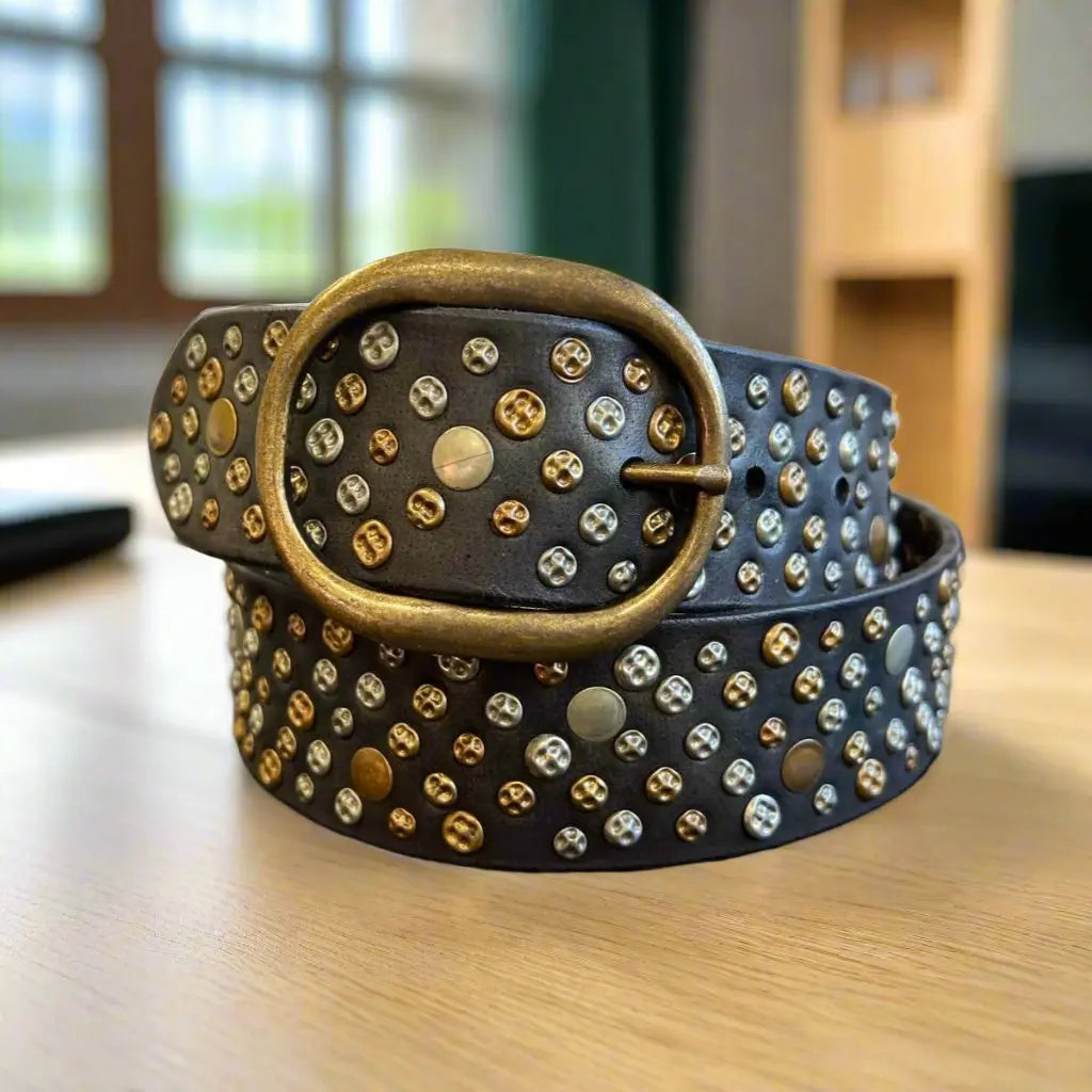 Stylish Women's Full Grain Leather Belt with Studs & Oval Buckle - Perfect for Jeans, Dresses & Casual Outfits