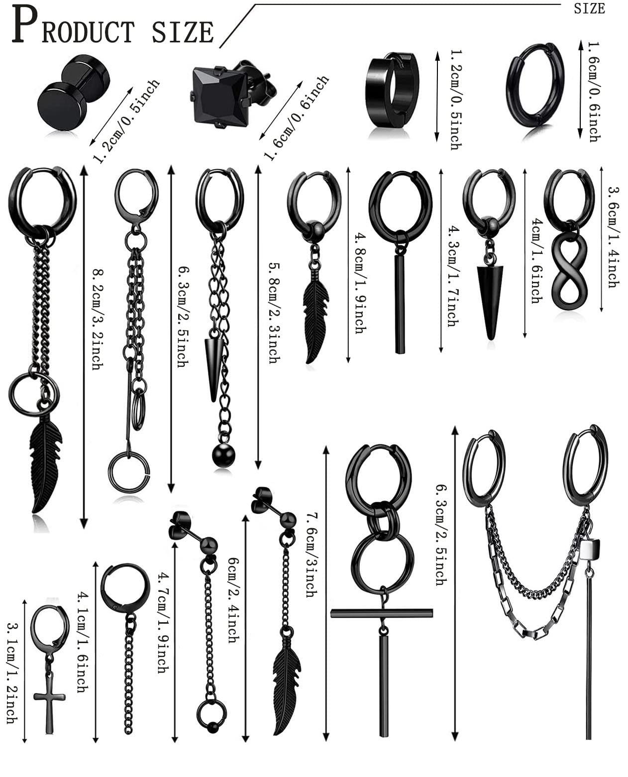 BVLAGIDA 21 PCS Stainless Steel Earrings Set for Men & Women - Studs, Huggie Hoops, Cross & Dangle Earrings - Punk Style Jewelry for Daily Wear, Parties & Gifts