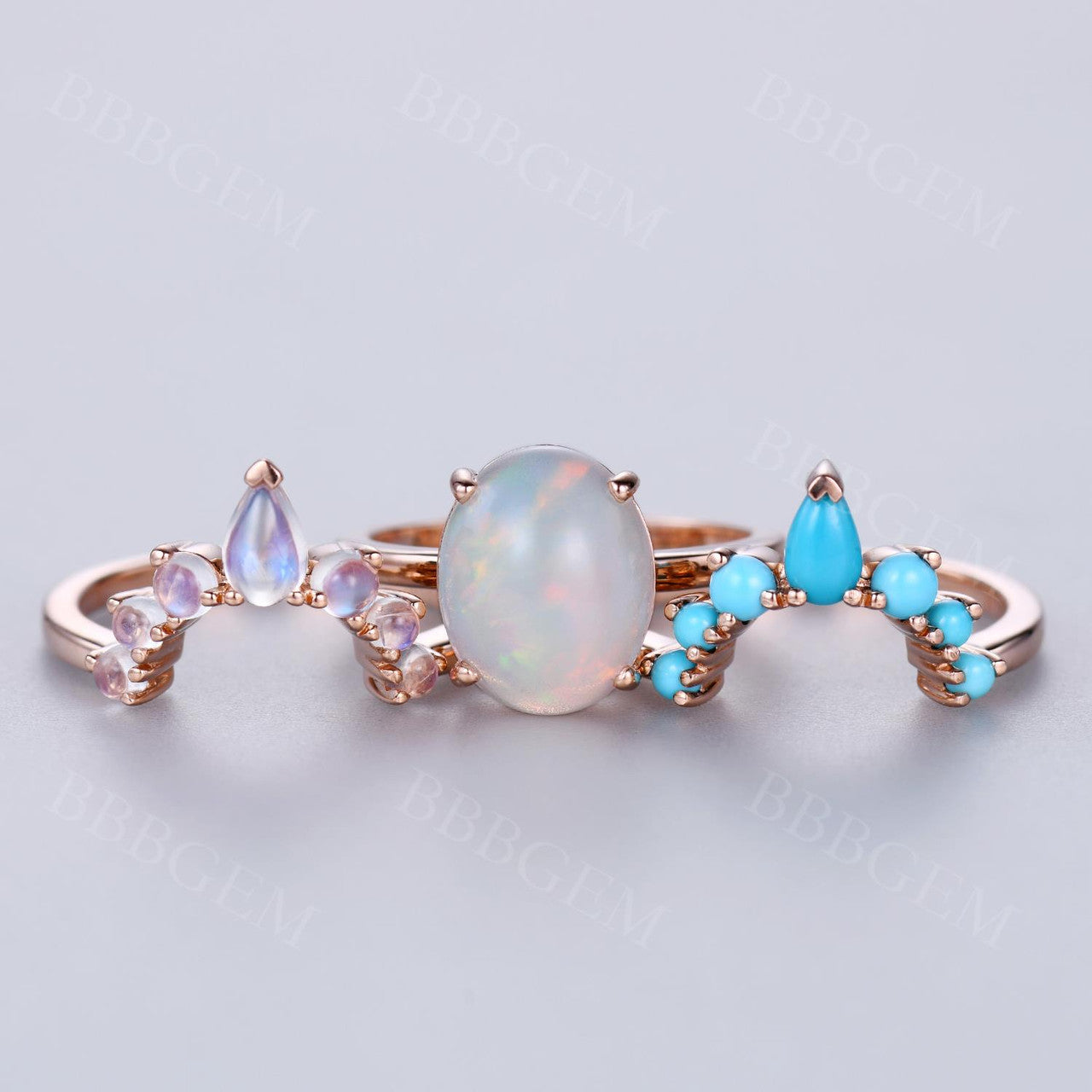 Vintage Opal Engagement Ring Set with Moonstone & Turquoise Band - 3 Piece Bridal Jewelry for Wedding, Anniversary & Special Occasions
