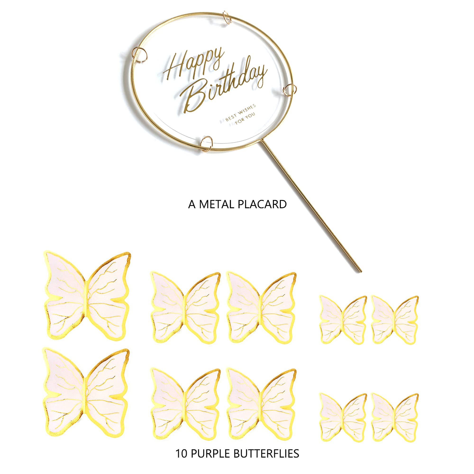 11 Pcs White Gold Butterfly Cake Toppers - Happy Birthday Metal Cake Decorations for Wedding, Baby Shower & Anniversary Parties - Elegant Butterfly Cake Decor for Birthday Cakes & Desserts
