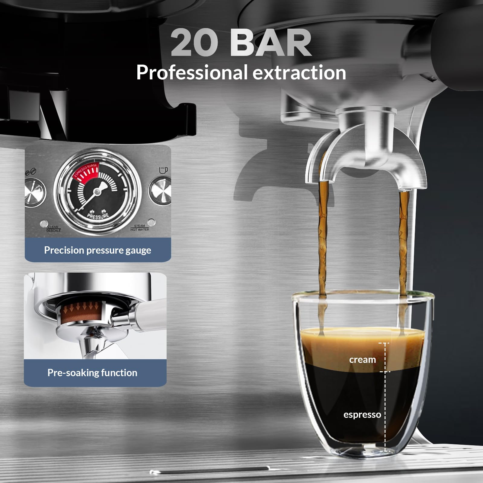 Premium 20 Bar Semi-Automatic Espresso Machine with Built-in Grinder & Milk Frother - PID Temperature Control, 95oz Water Tank - Perfect for Home Baristas to Make Latte, Cappuccino & Macchiato - Ideal for Coffee Shops, Offices & Gift Giving