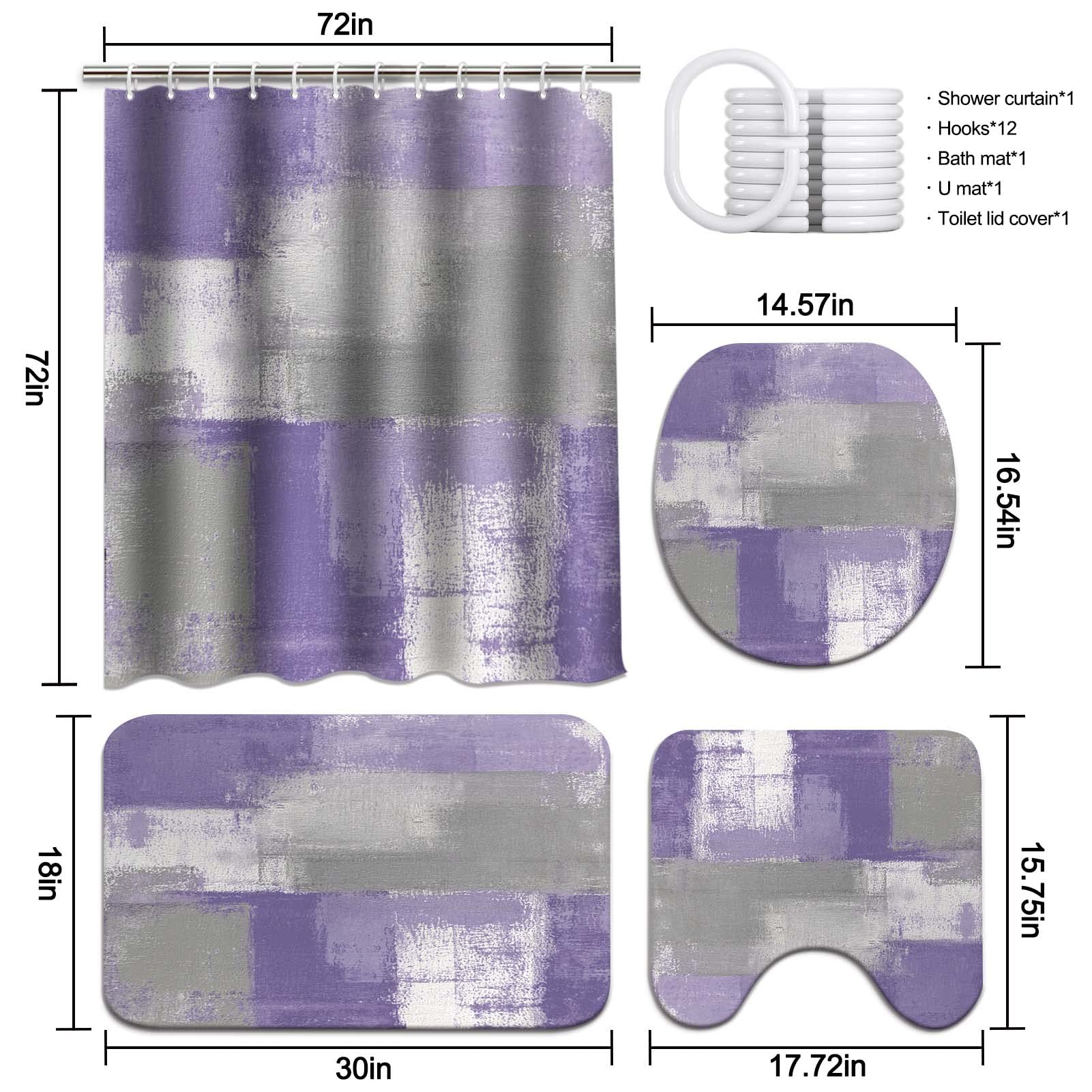 Lnond 4Pcs Purple and Grey Painting Art Bathroom Shower Curtain Set with Matching Rugs & Accessories - Waterproof Bath Decor for Modern Home, Spa, Hotel (Purple/Grey)