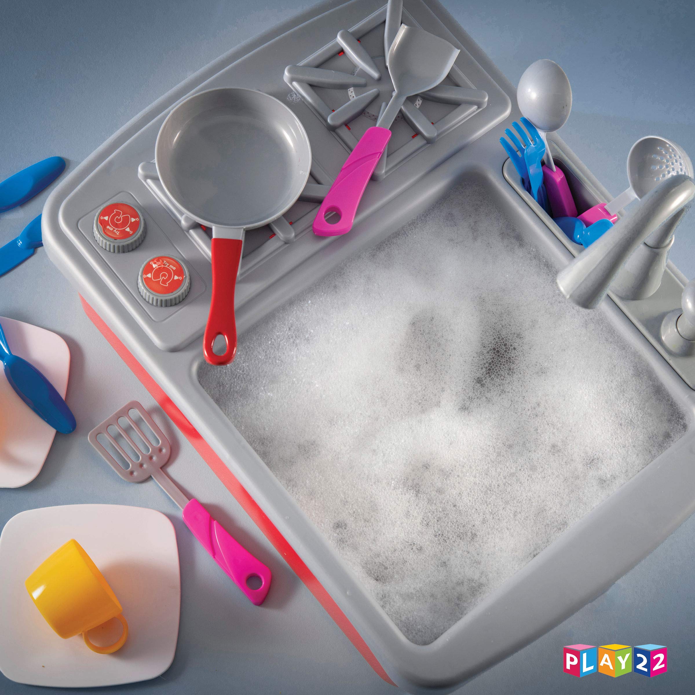 Play22 17-Piece Kids Play Kitchen Sink Set with Running Water - Realistic Toddler Sink Toy with Faucet, Drain, Dishes & Utensils - Includes Play Stove & Pan - Pretend Play Kitchen Toys for Boys & Girls Ages 3+ - Perfect for Imaginative Play, Role-Playing & Early Childhood Development
