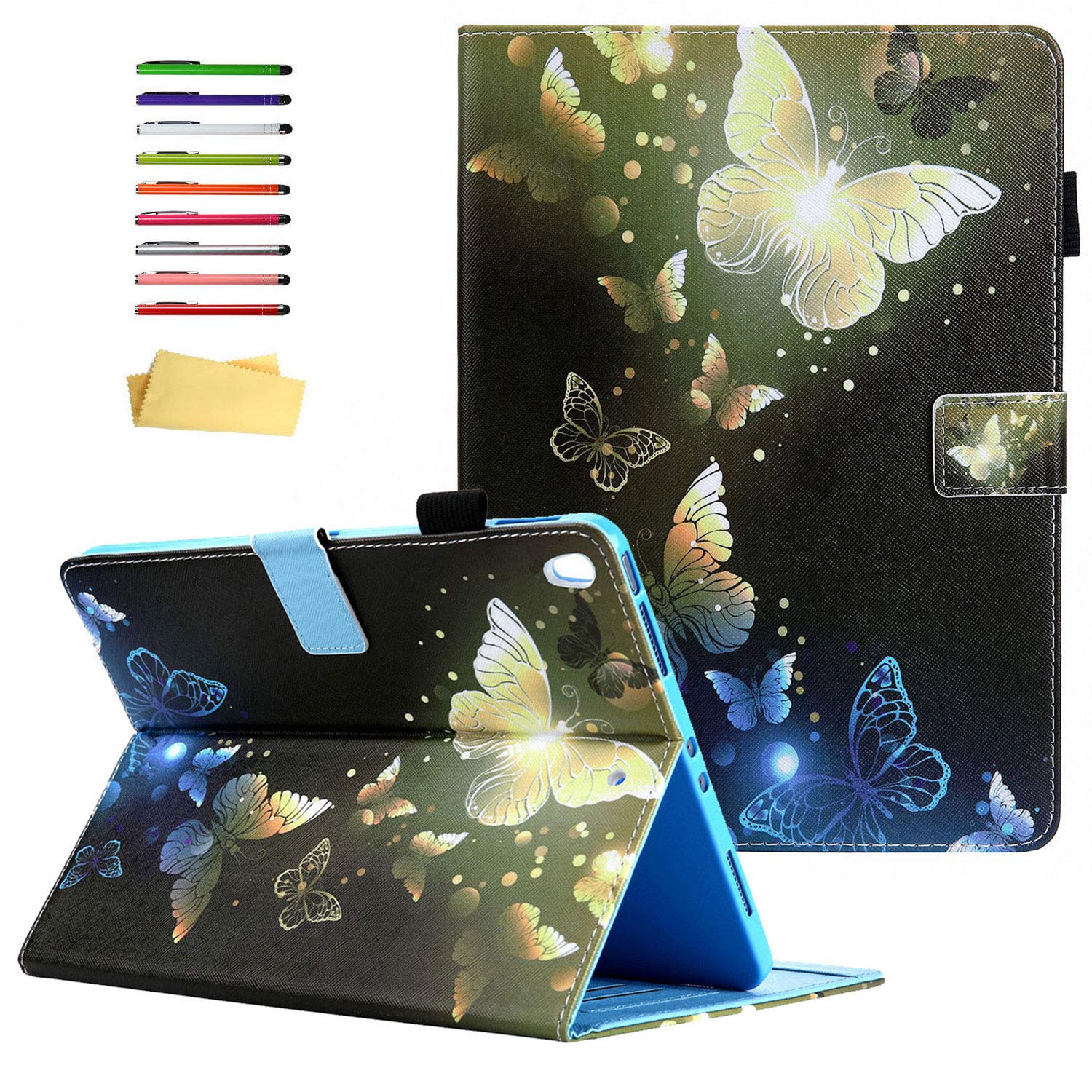 Premium PU Leather Smart Case for iPad 10.5 / iPad Air 3 (2019) / iPad Pro 10.5 (2017) - Auto Sleep/Wake, Stand Function & Pencil Holder - Gold Blue Butterfly Design - Perfect for Work, Study & Travel Protection